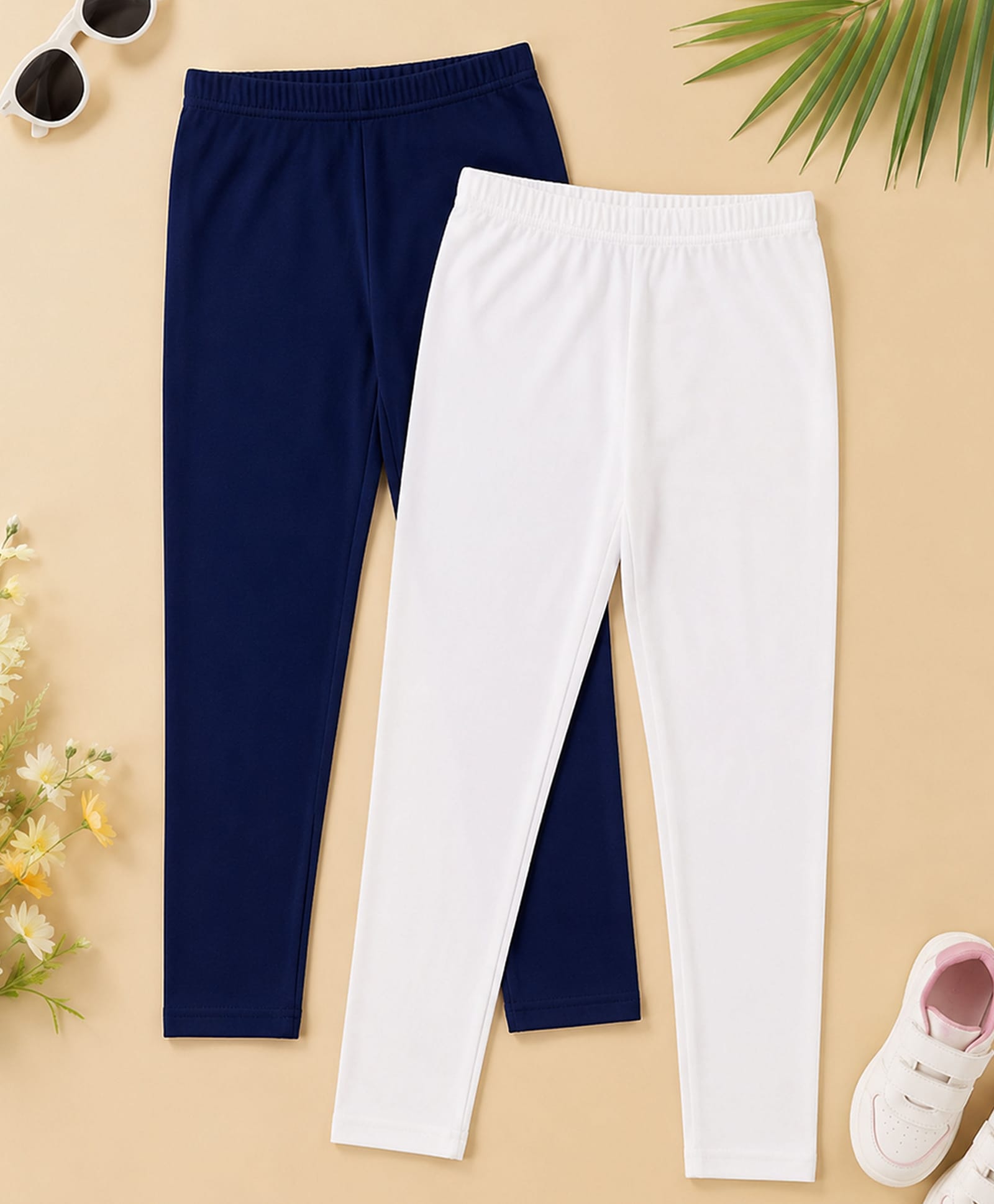 Kiddopanti Cotton Spandex Knit Pack Of 2 Solid Leggings - Navy Blue & White-image-13
