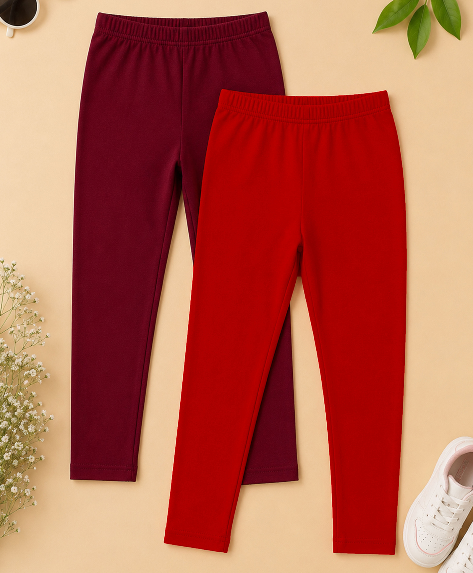 Kiddopanti Cotton Spandex Knit Pack Of 2 Solid Leggings - Maroon & Red-image-12