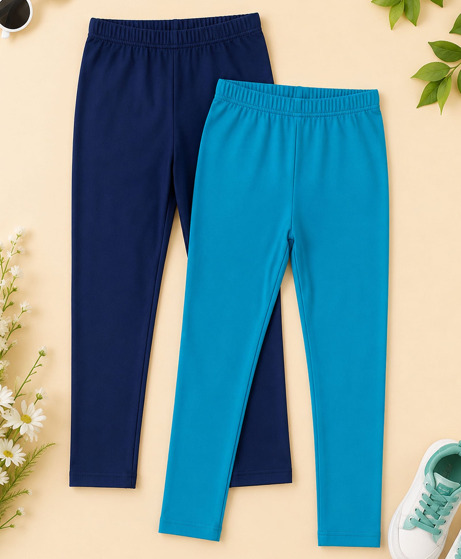 Kiddopanti Cotton Spandex Knit Pack Of 2 Solid Leggings - Turquoise Blue & Navy Blue-picture-26