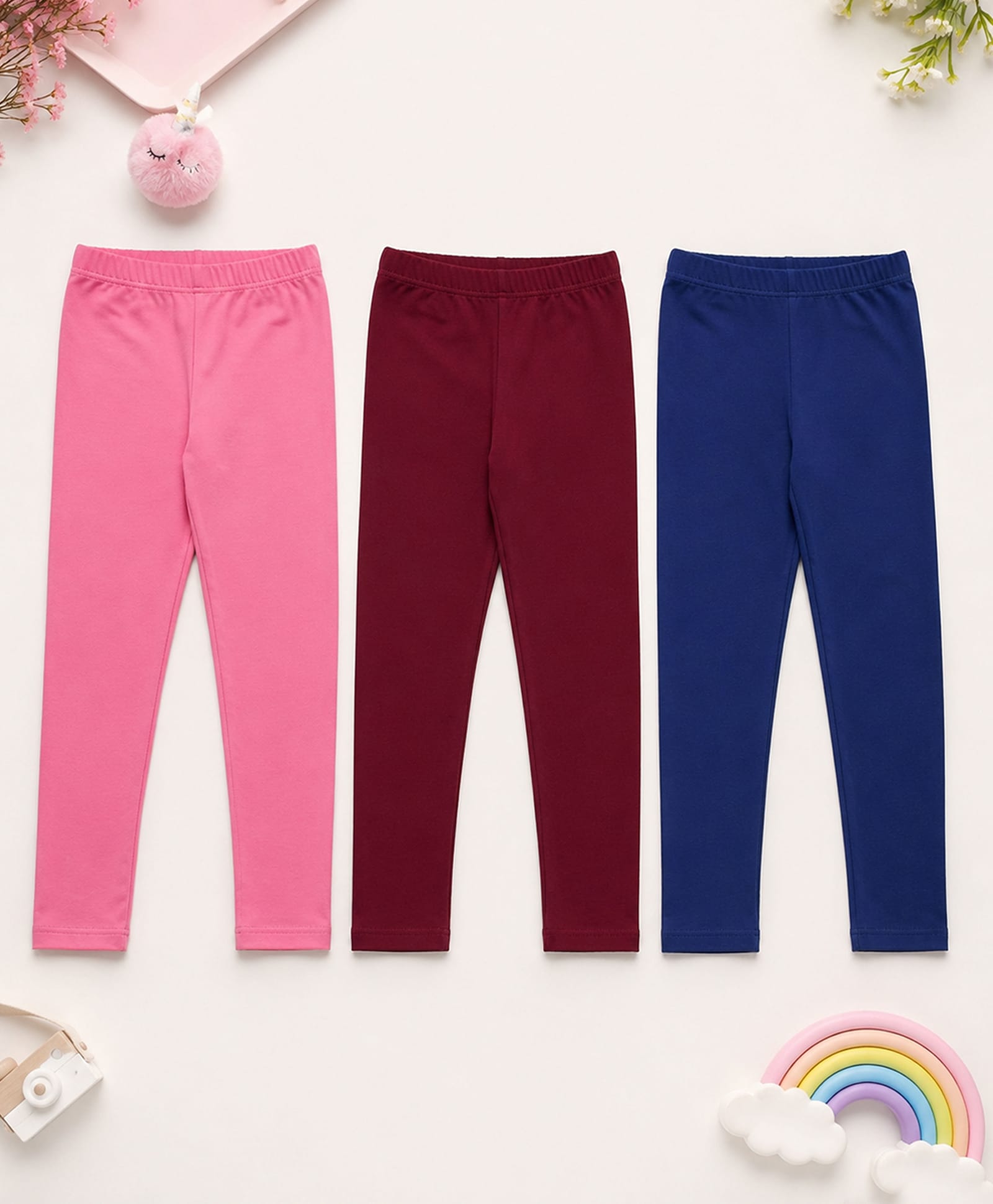 Kiddopanti Cotton Spandex Knit Pack Of 3 Solid Leggings - Maroon Baby Pink & Navy Blue-picture-19