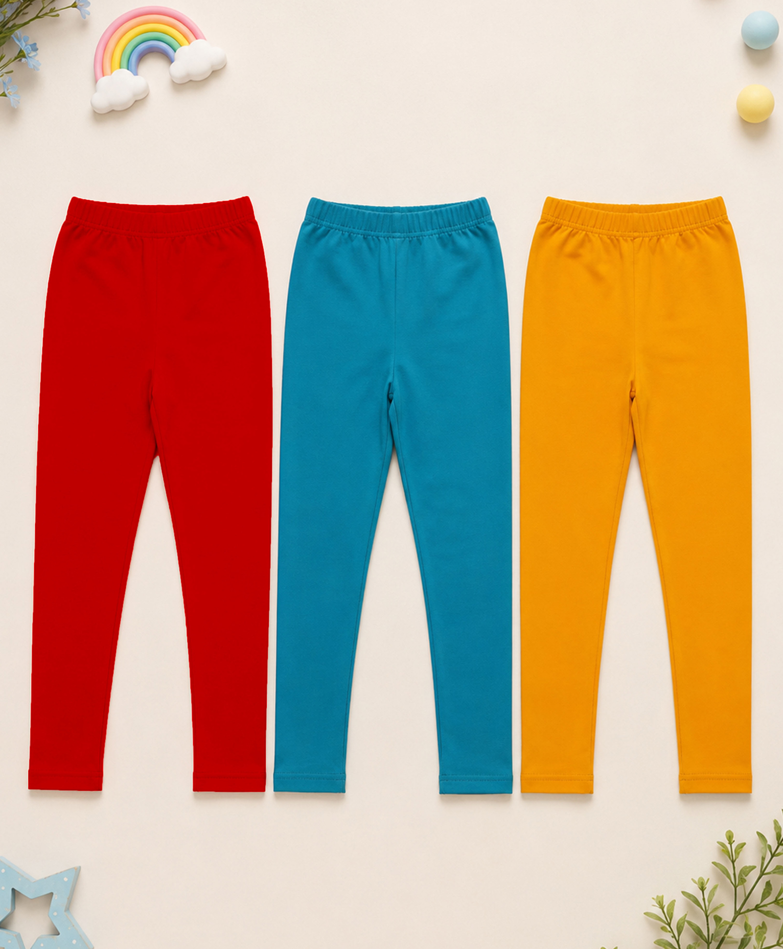 Kiddopanti Cotton Spandex Knit Pack Of 3 Solid Leggings - Turquoise Blue Red & Mustard-picture-26