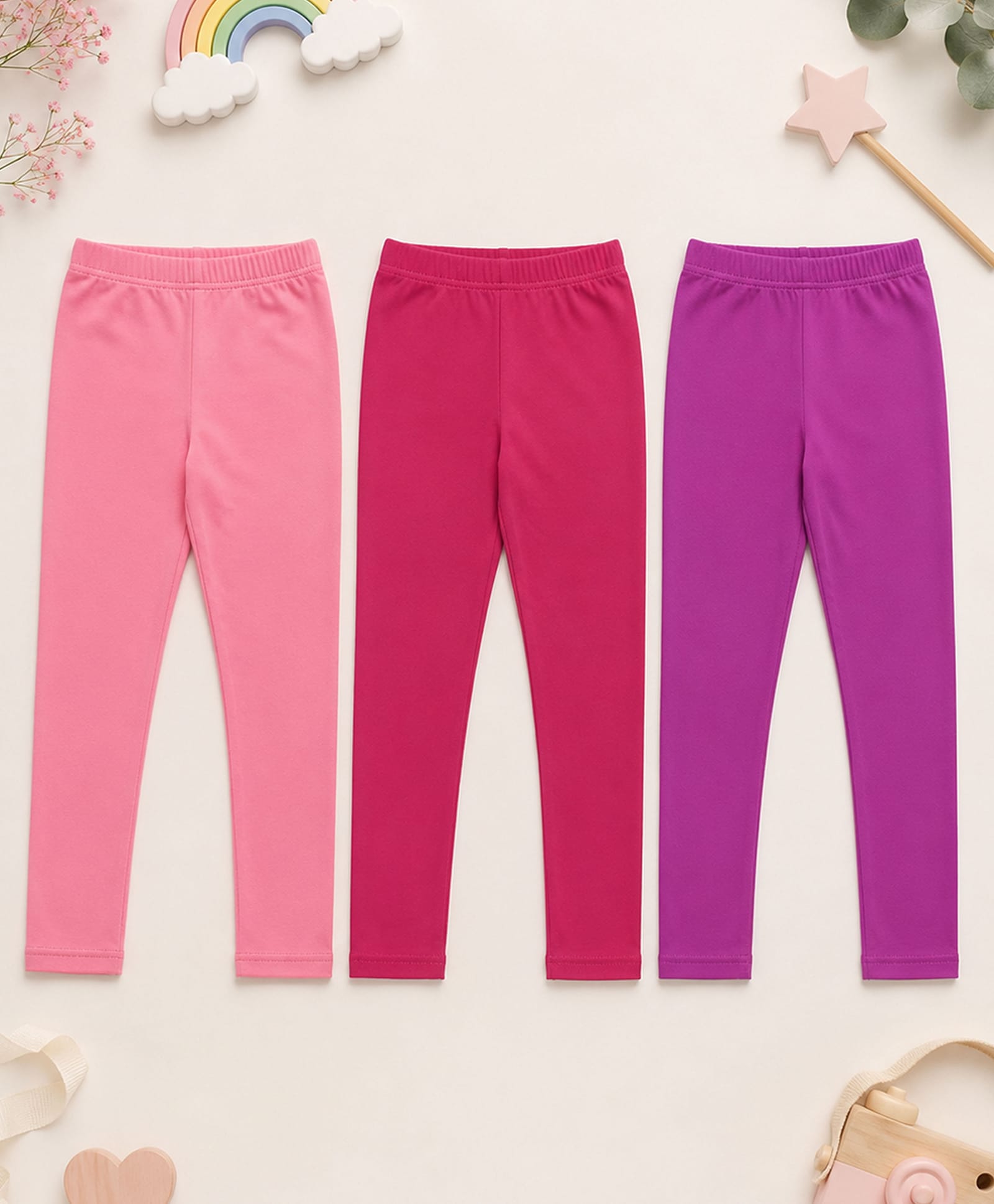 Kiddopanti Cotton Spandex Knit Pack Of 3 Solid Leggings - Baby Pink Rani Rose & Onion Pink-picture-19