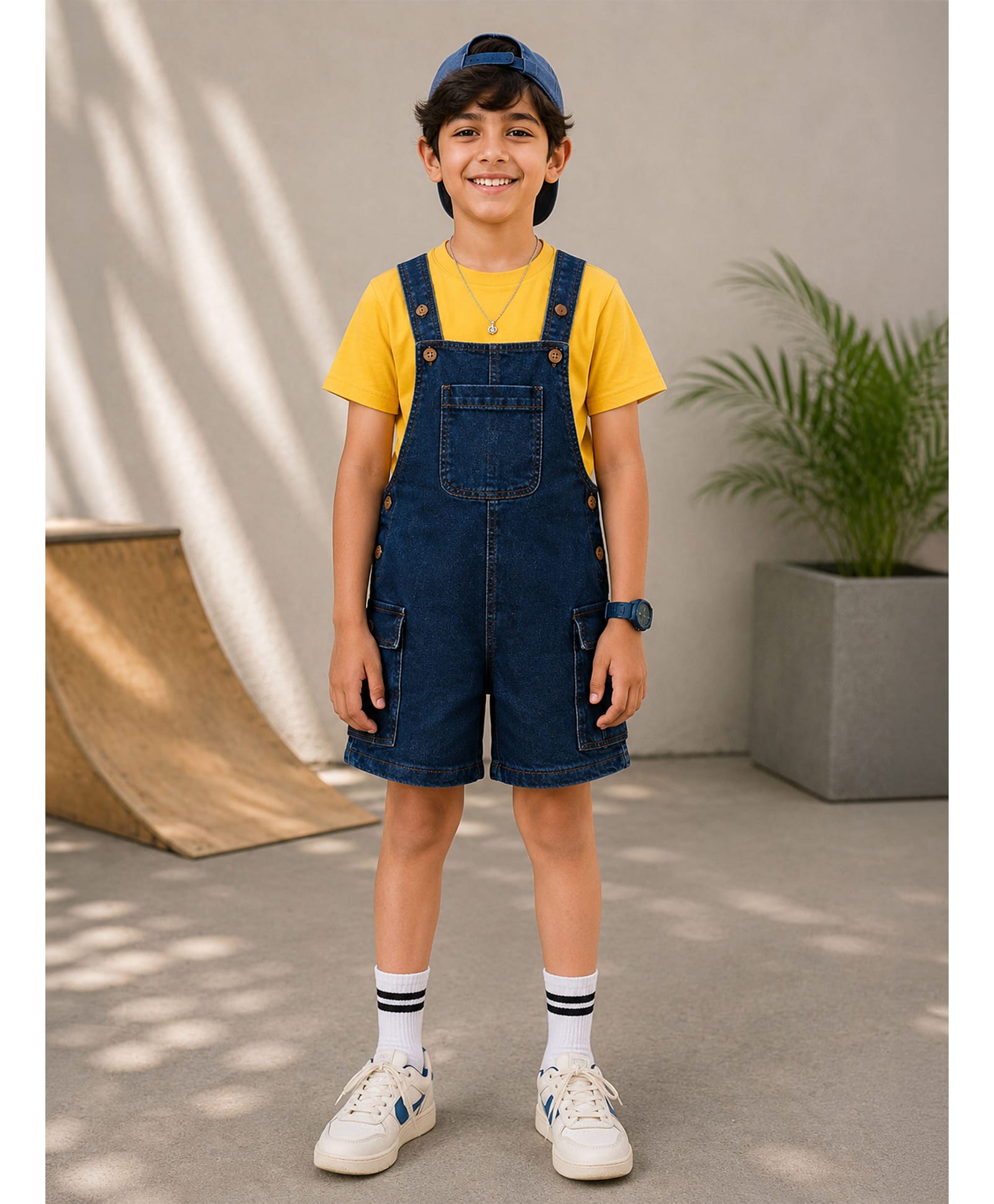 Kiddopanti Denim Woven Mild Washed Cargo Style Dungaree - Dark Blue-picture-40