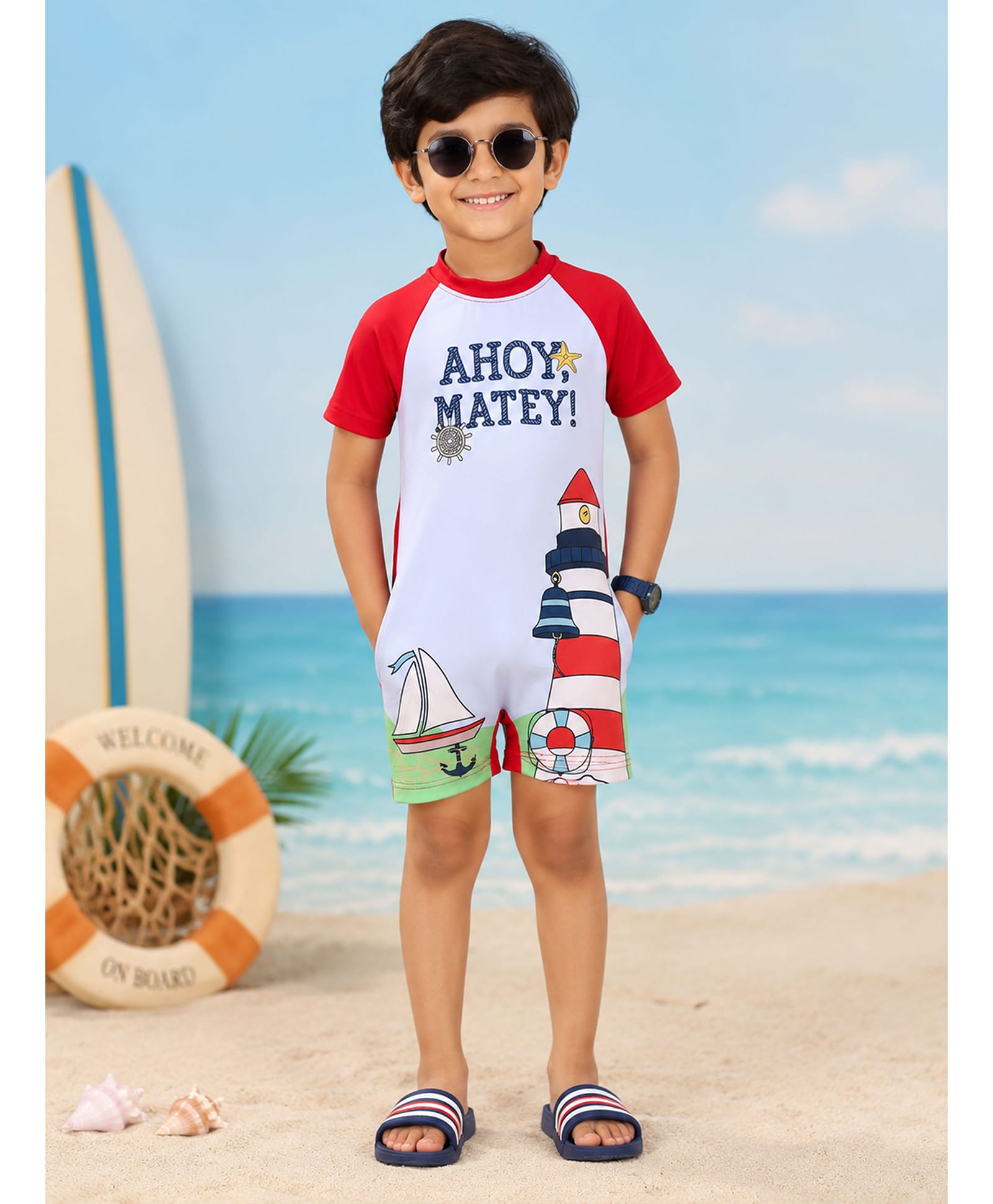 Kiddopanti Half Raglan Sleeves Ahoy Matey Text & Nautical Printed Swimsuit - Dull Blue & Red-picture-10