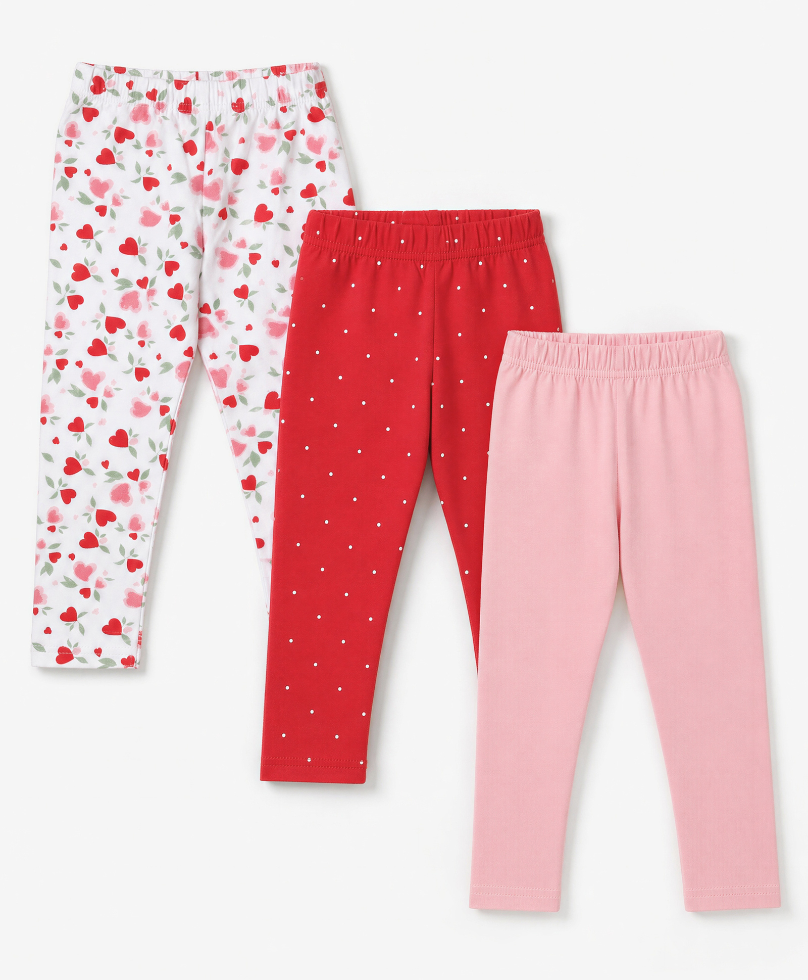 Babyhug Cotton Lycra Knit Full Length Leggings With Floral & Polka Dots Print Pack of 3 - Pink, White & Red-picture-13