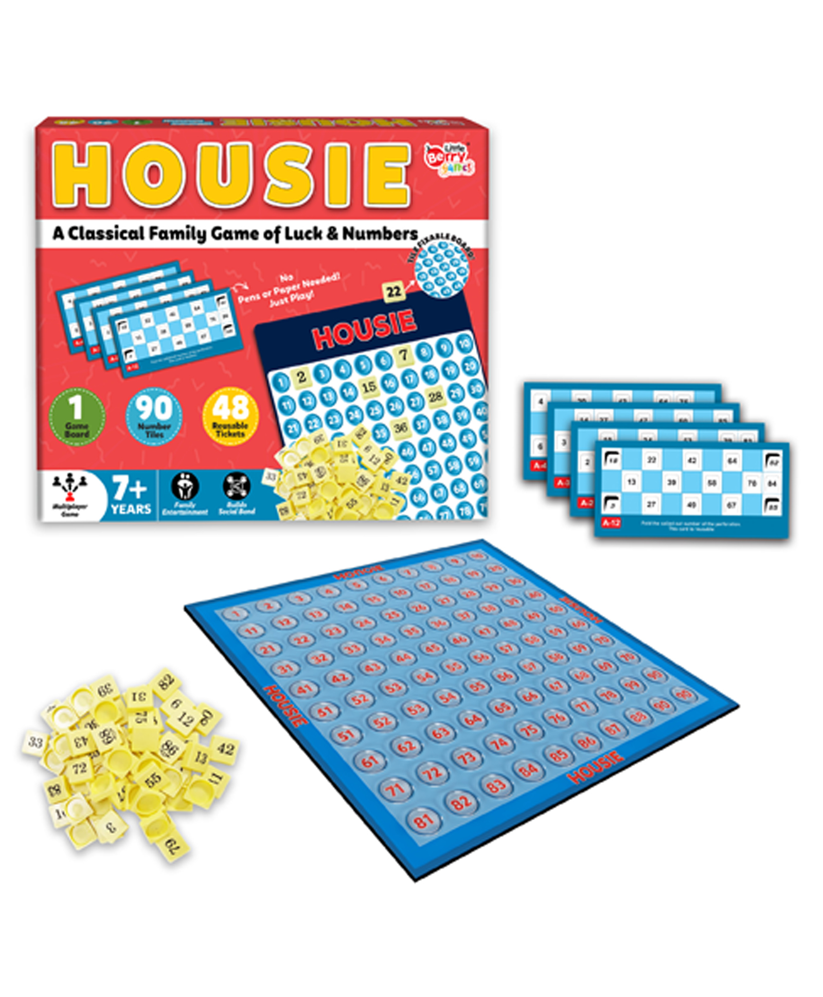 Little Berry Housie Board Game for Adults & Kids - 48 Reusable Tickets and 90 Number Tiles-image-8