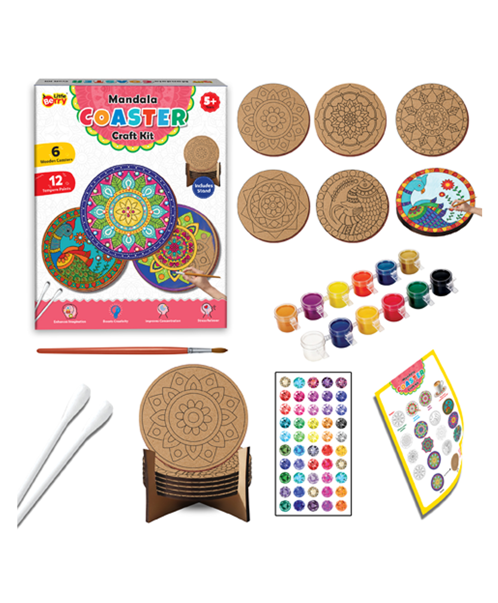 little berry DIY Mandala Coaster Painting Kit for Kids & Adults - 6 pre-marked Coasters with Stand (Multicolour)-picture-28