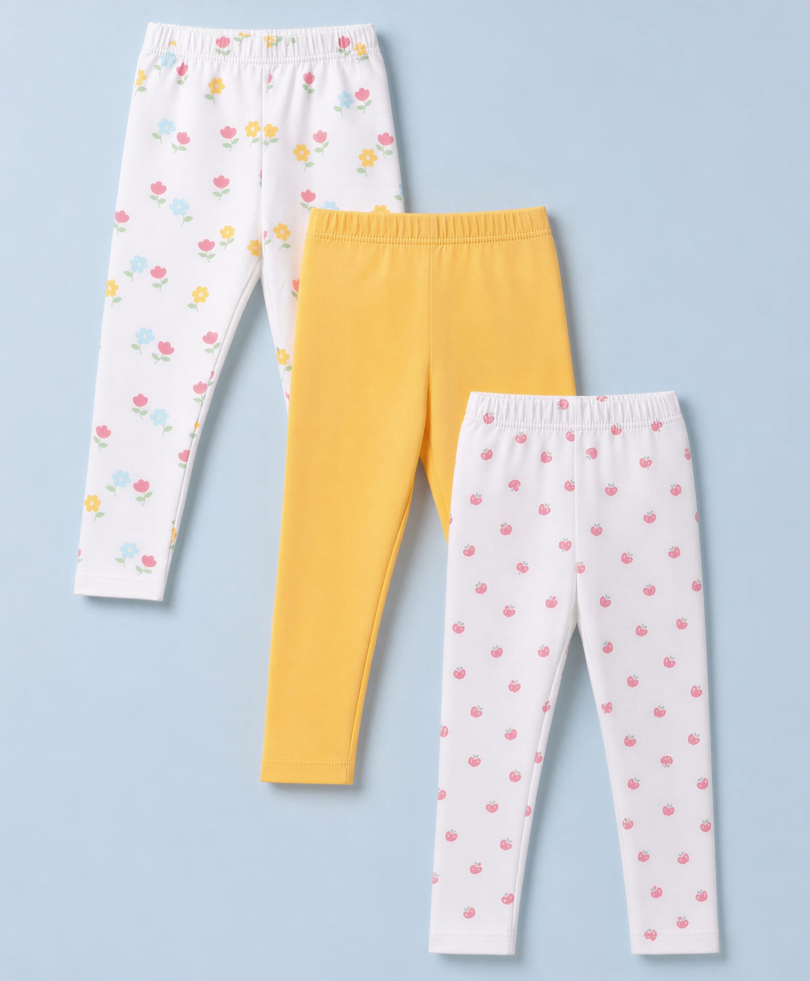 Babyhug Cotton Lycra Knit Full Length Leggings With Floral & Fruit Print Pack of 3 - Yellow, White & Red-image-42