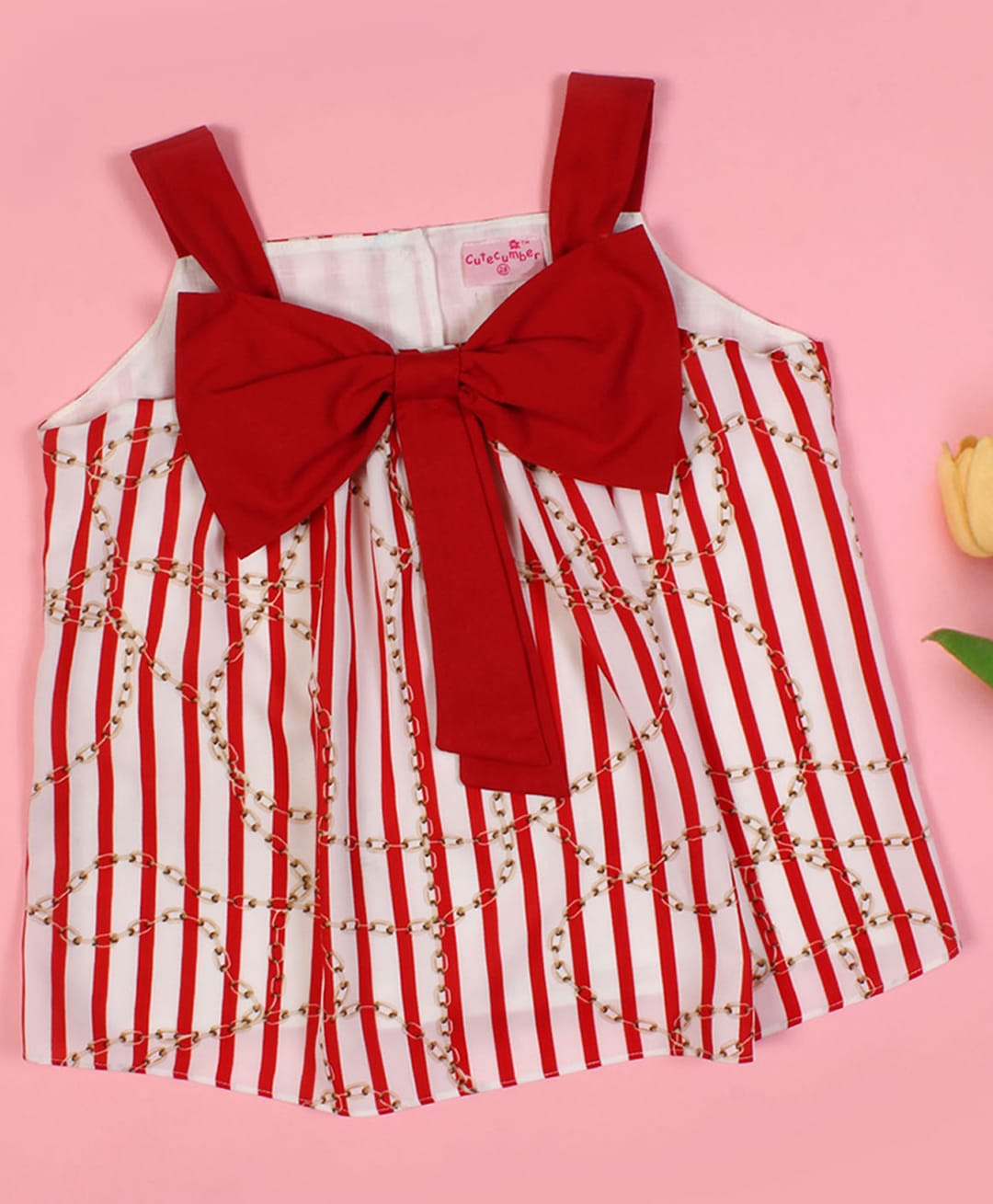 Cutecumber Georgette Woven Sleeveless Striped & Bow Applique Detailed Top - Red-image-11