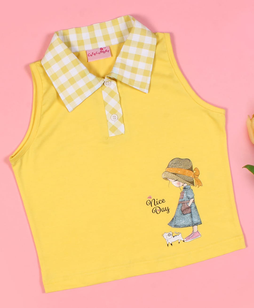 Cutecumber Georgette Knit Sleeveless Checked & Girl Printed Top - Yellow-picture-23