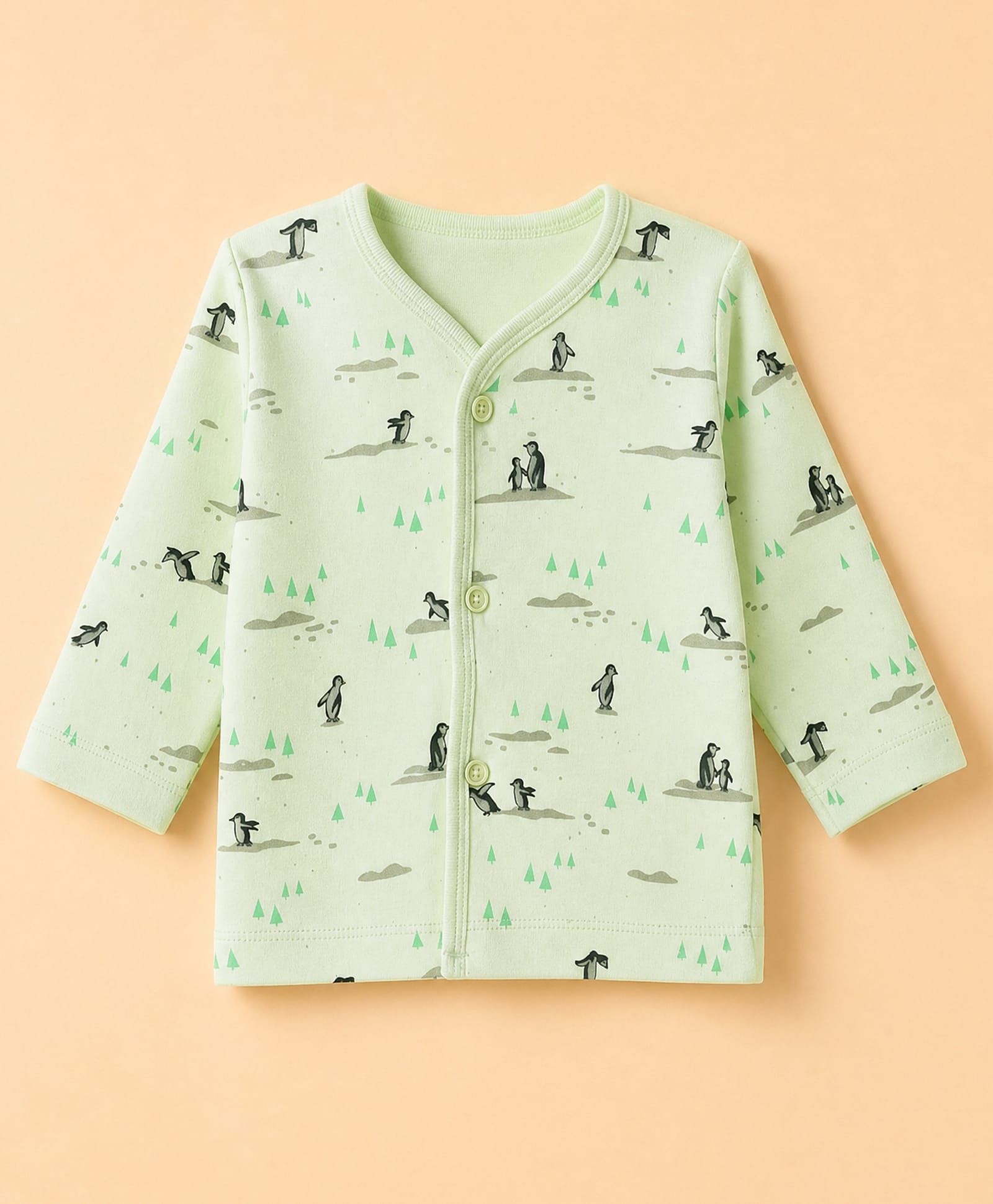 Tango Interlock Knit Full Sleeves Jhabla With Penguin Print - Green-image-1