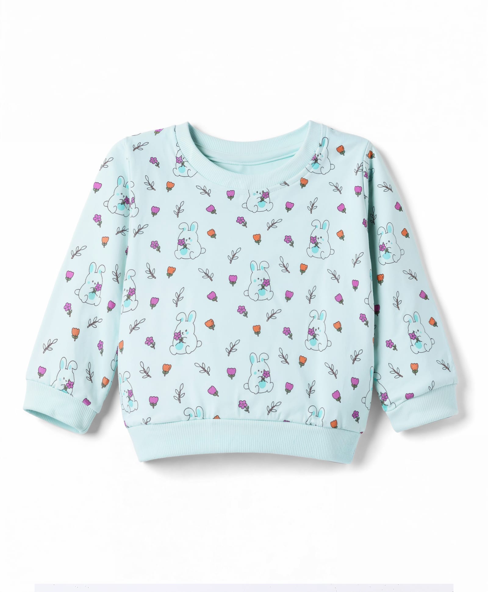 Tango Cotton Looper Knit Full Sleeves T-Shirt with Floral and Bunny Print - Sea Green-picture-48