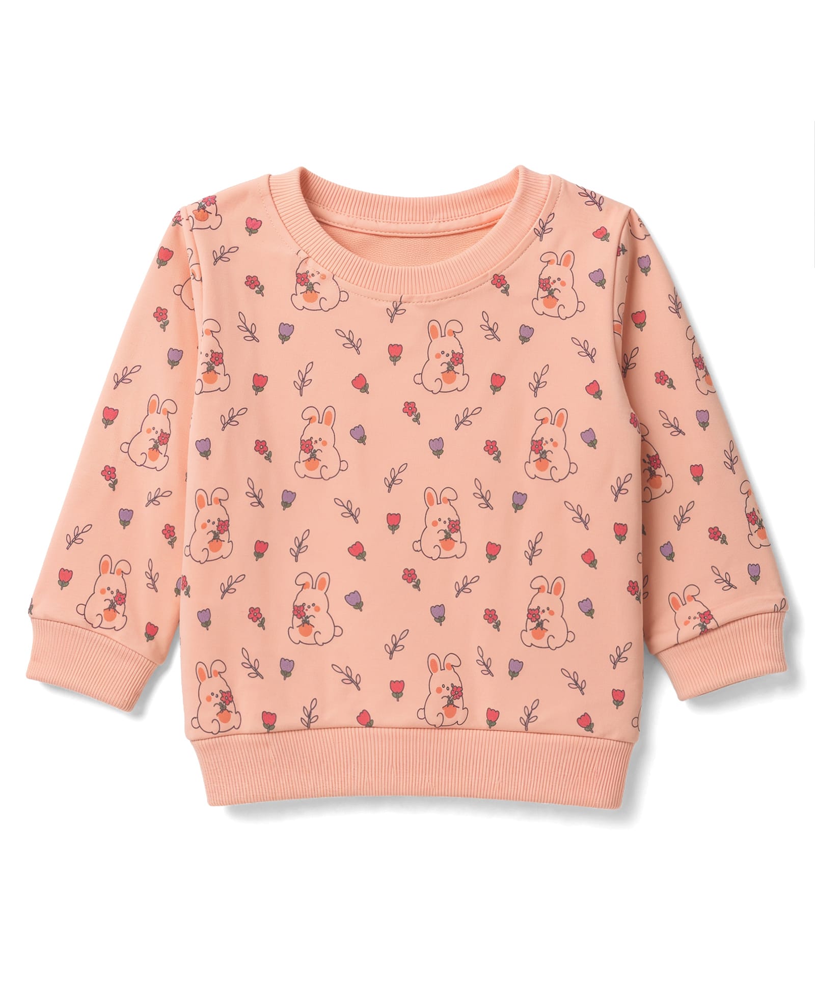 TTango Cotton Looper Knit Full Sleeves T-Shirt with Floral and Bunny Print - Peach-image-11
