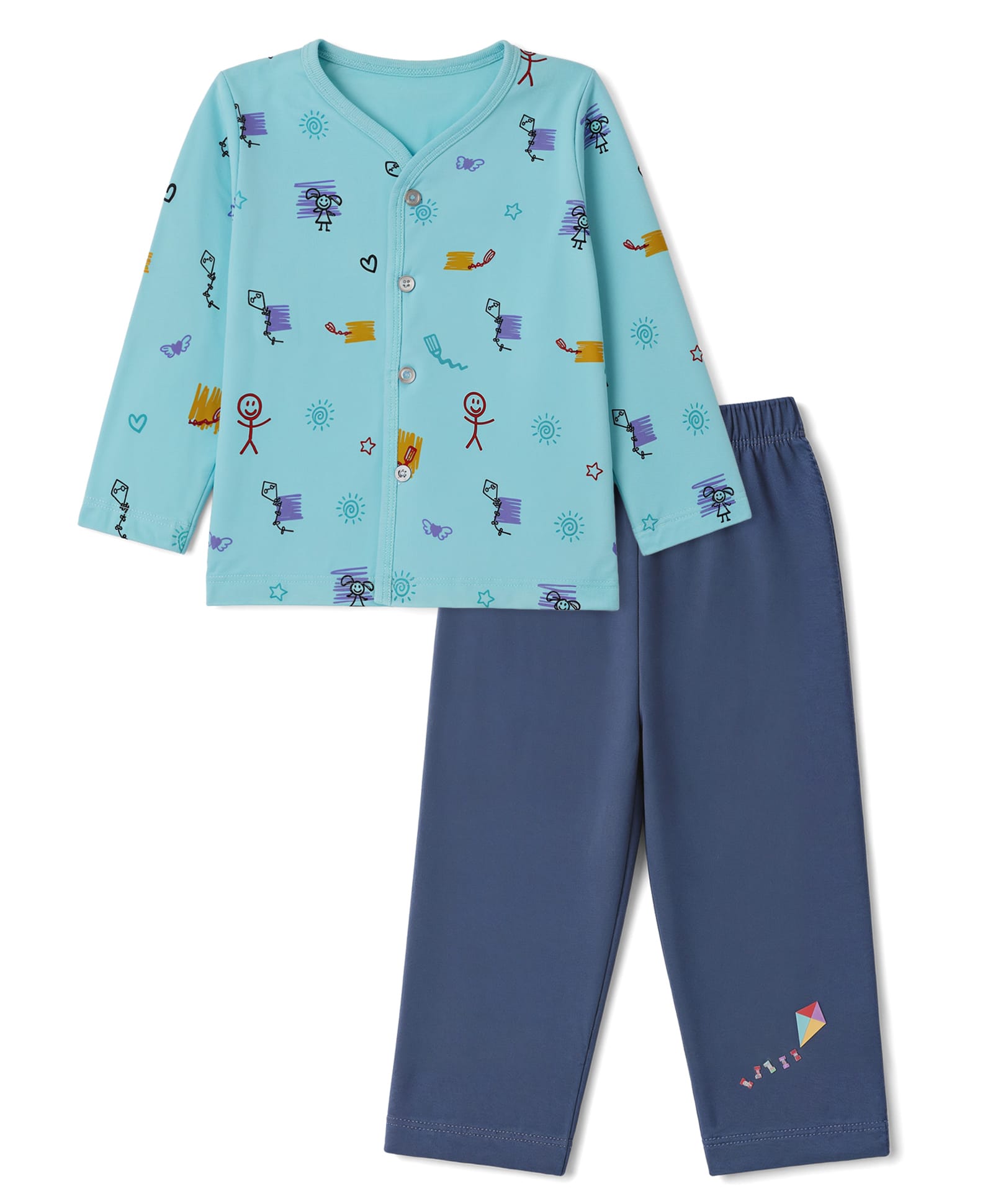 Tango Single Jersey Knit Full Sleeves T-Shirt & Pyjama Night Suit with Heart & Kite Print - Aqua Blue-picture-33
