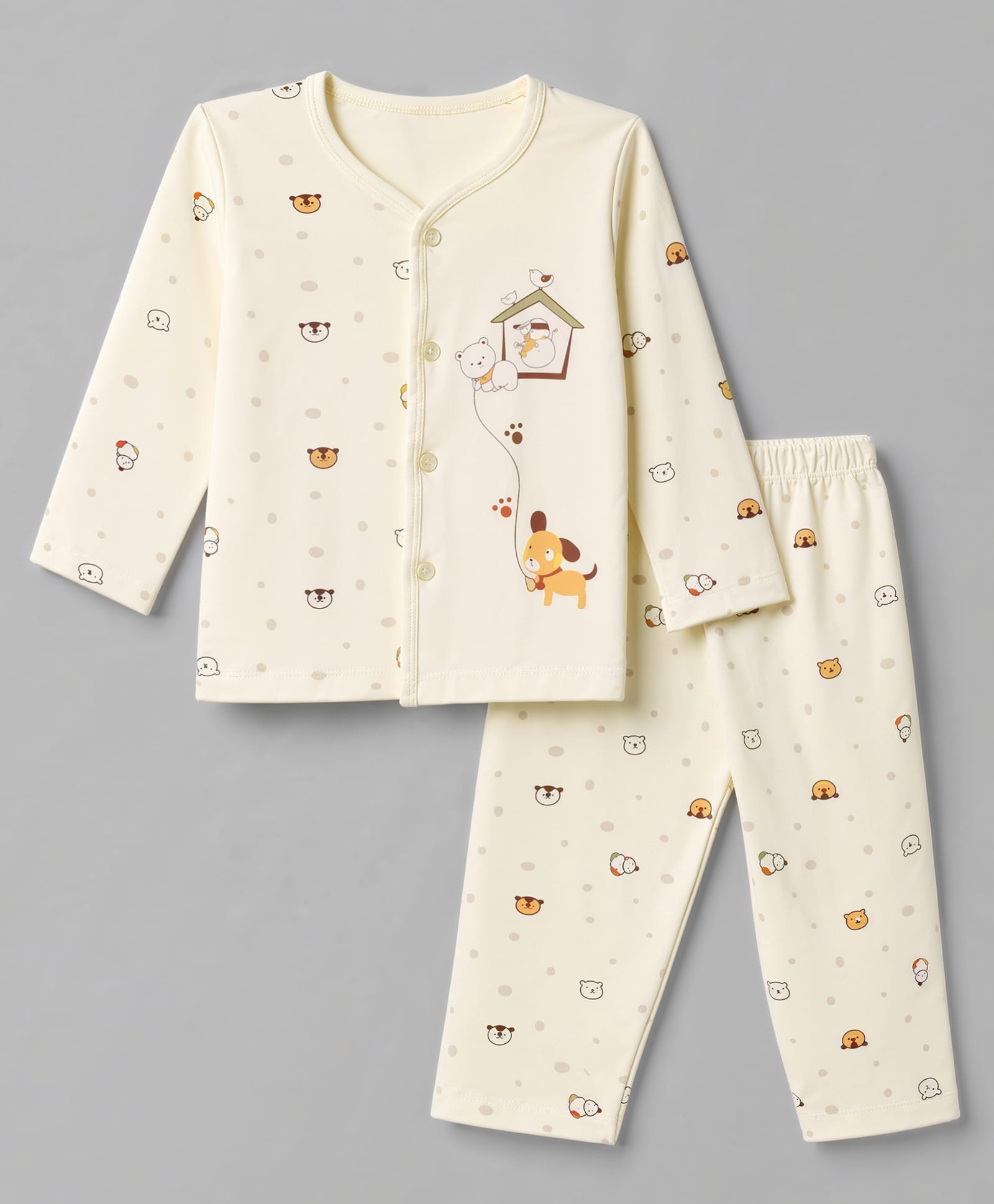Tango Interlock Knit Full Sleeves T-Shirt & Pyjama Night Suit with Animal Print - Cream-picture-4