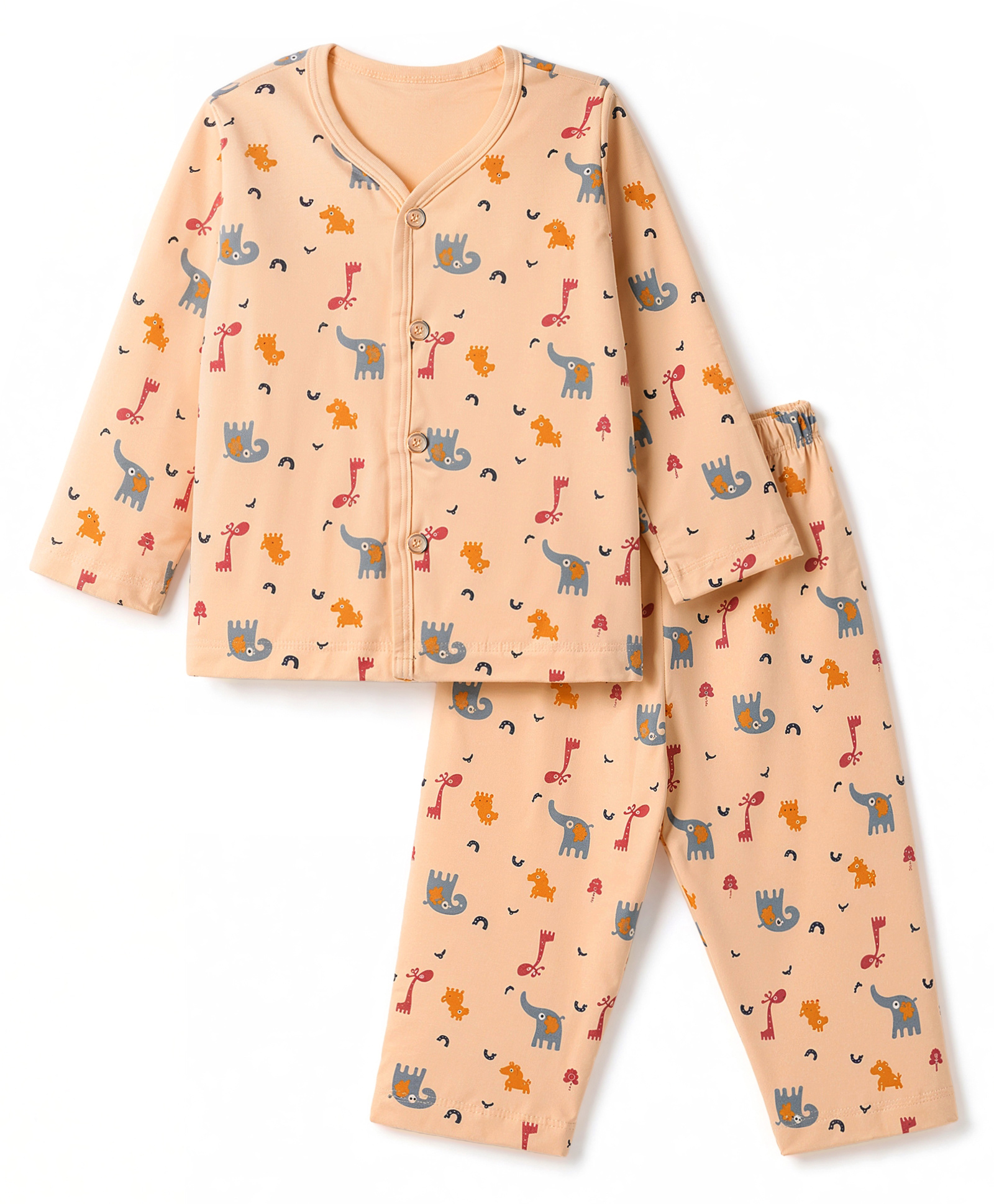 Tango Interlock Knit Full Sleeves Co-Ords T-Shirt & Pyjama Night Suit with Elephant & Giraffe Print - Peach-picture-34