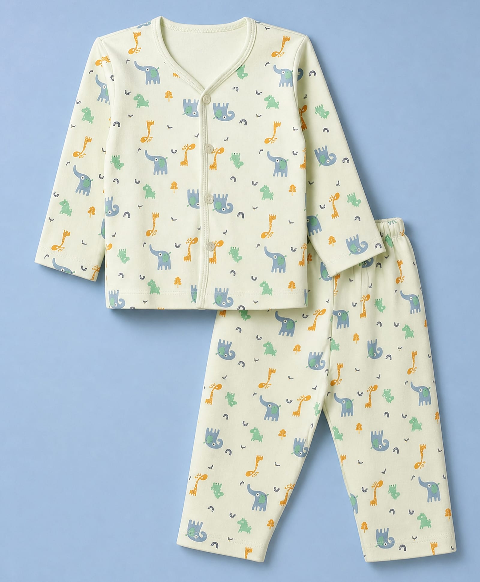 Tango Interlock Knit Full Sleeves Co-Ords T-Shirt & Pyjama Night Suit with Elephant & Giraffe Print - Light Green-picture-2