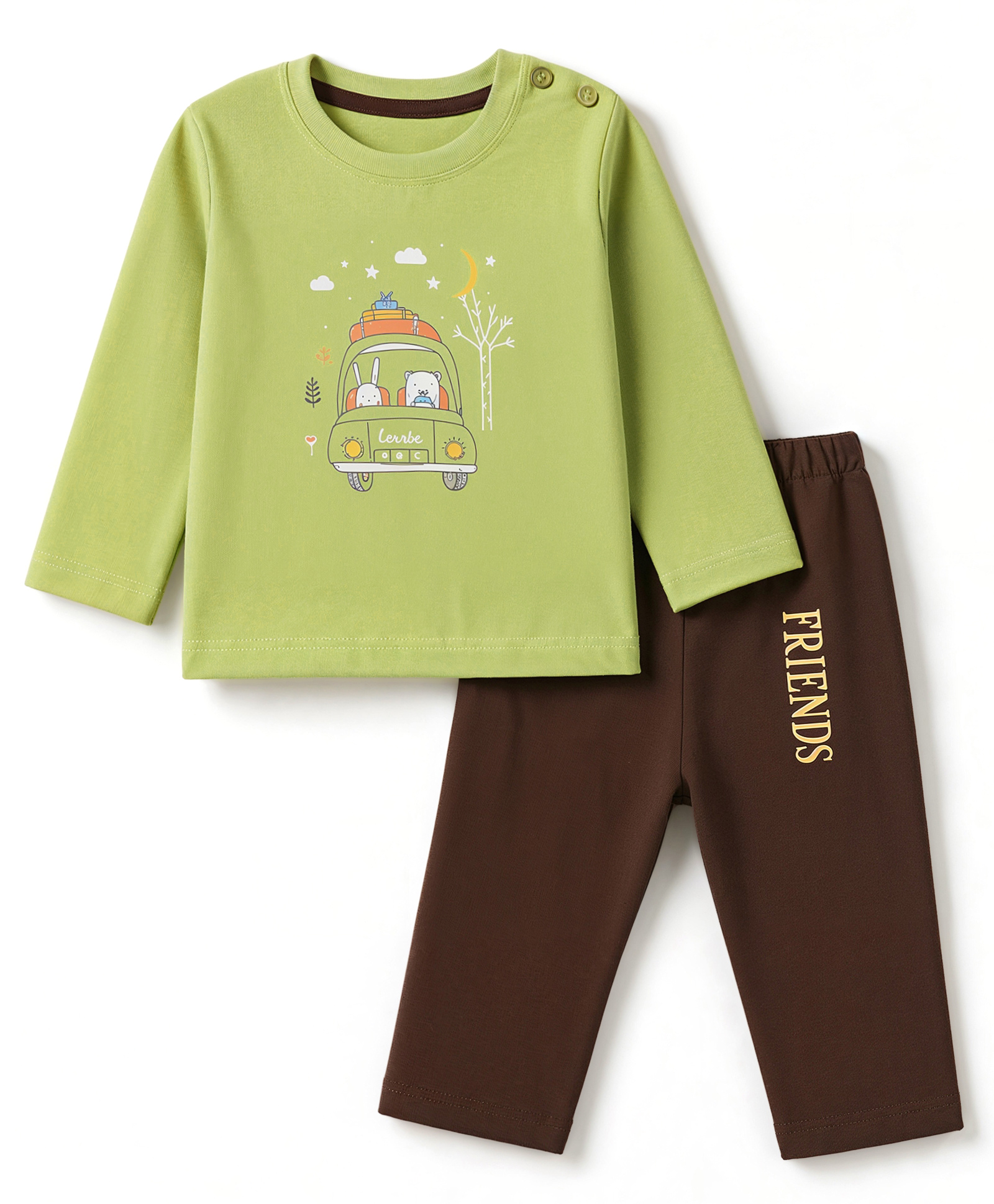 Tango Interlock Knit Full Sleeves T-shirt With Car Print & Pant Set - Light Green-picture-4