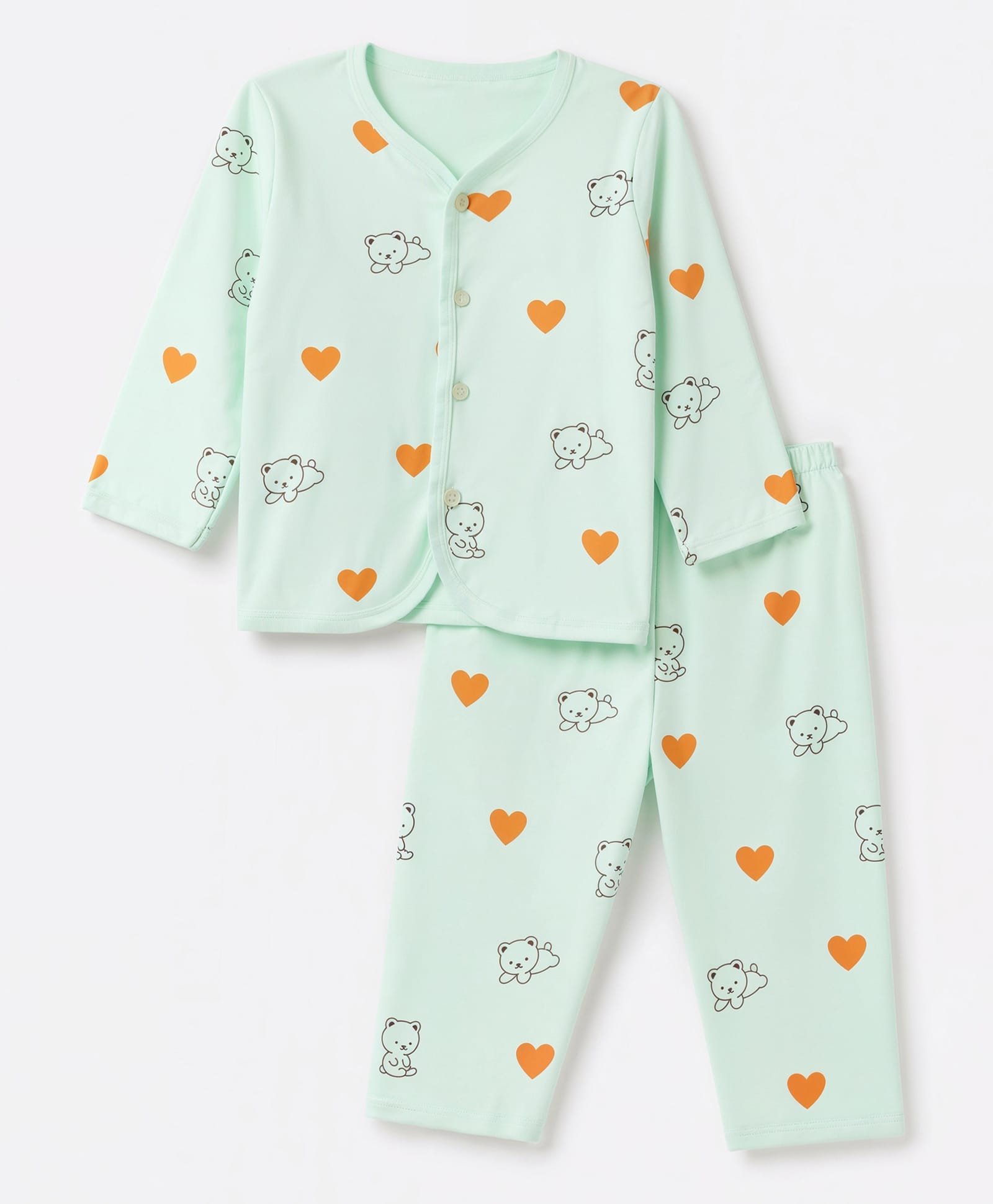 Tango Interlock Knit Full Sleeves Co-Ords T-Shirt & Pyjama Night Suit with Heart & Bear Print - Light Green-picture-31