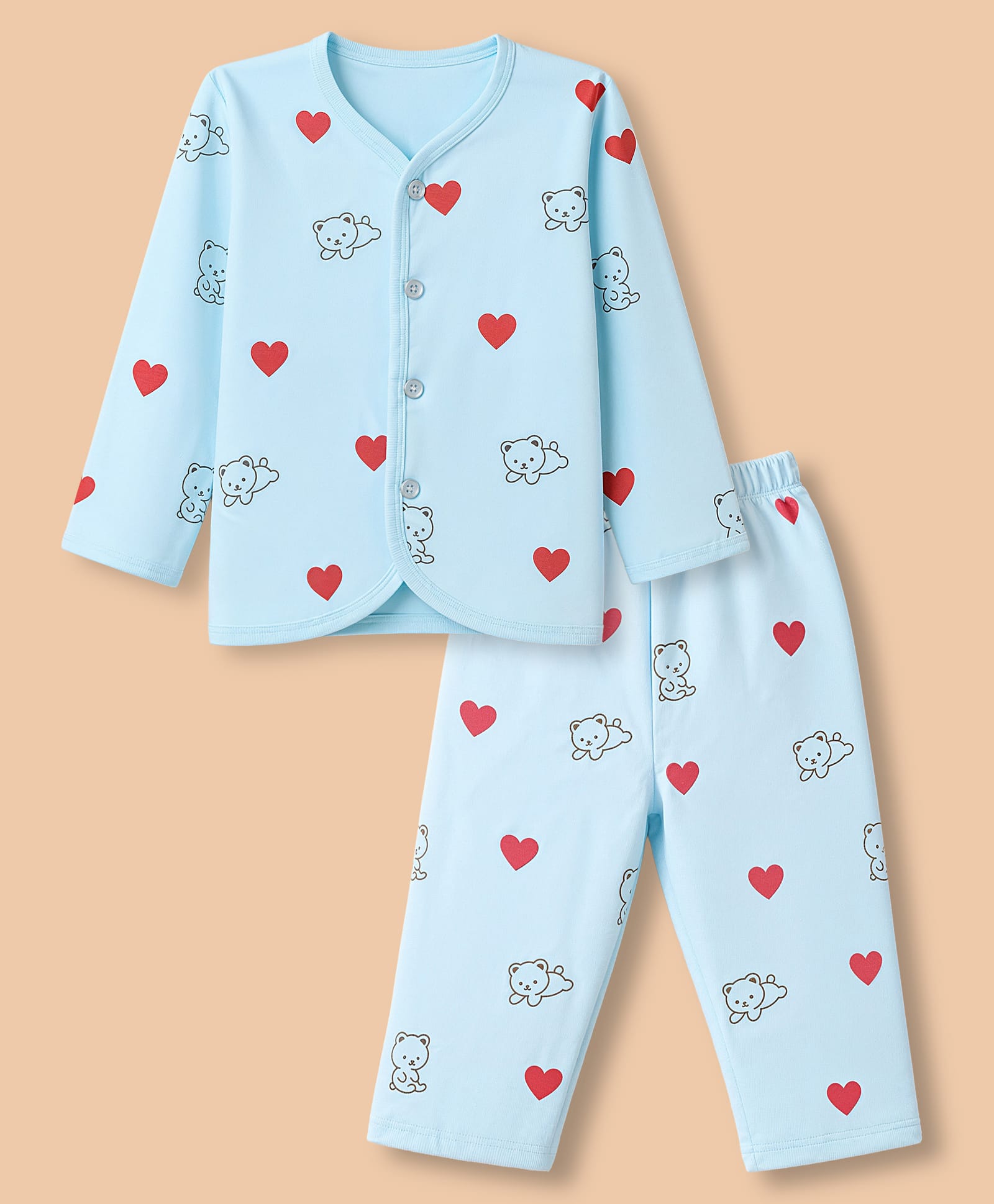Tango Interlock Knit Full Sleeves Co-Ords T-Shirt & Pyjama Night Suit with Heart & Bear Print - Sky Blue-picture-26