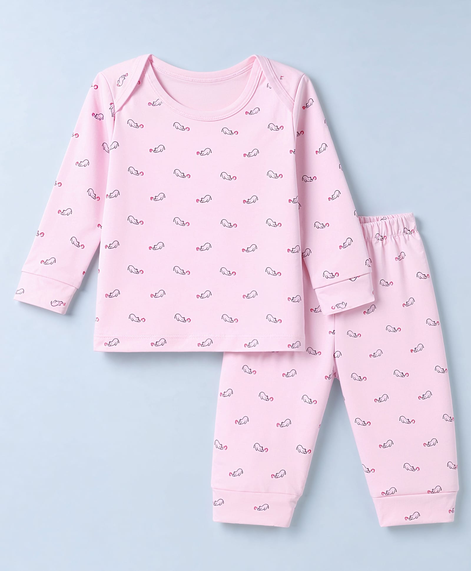 Tango Interlock Knit Full Sleeves Co-Ords T-Shirt & Pyjama Night Suit with Cat Print - Pink-image-29