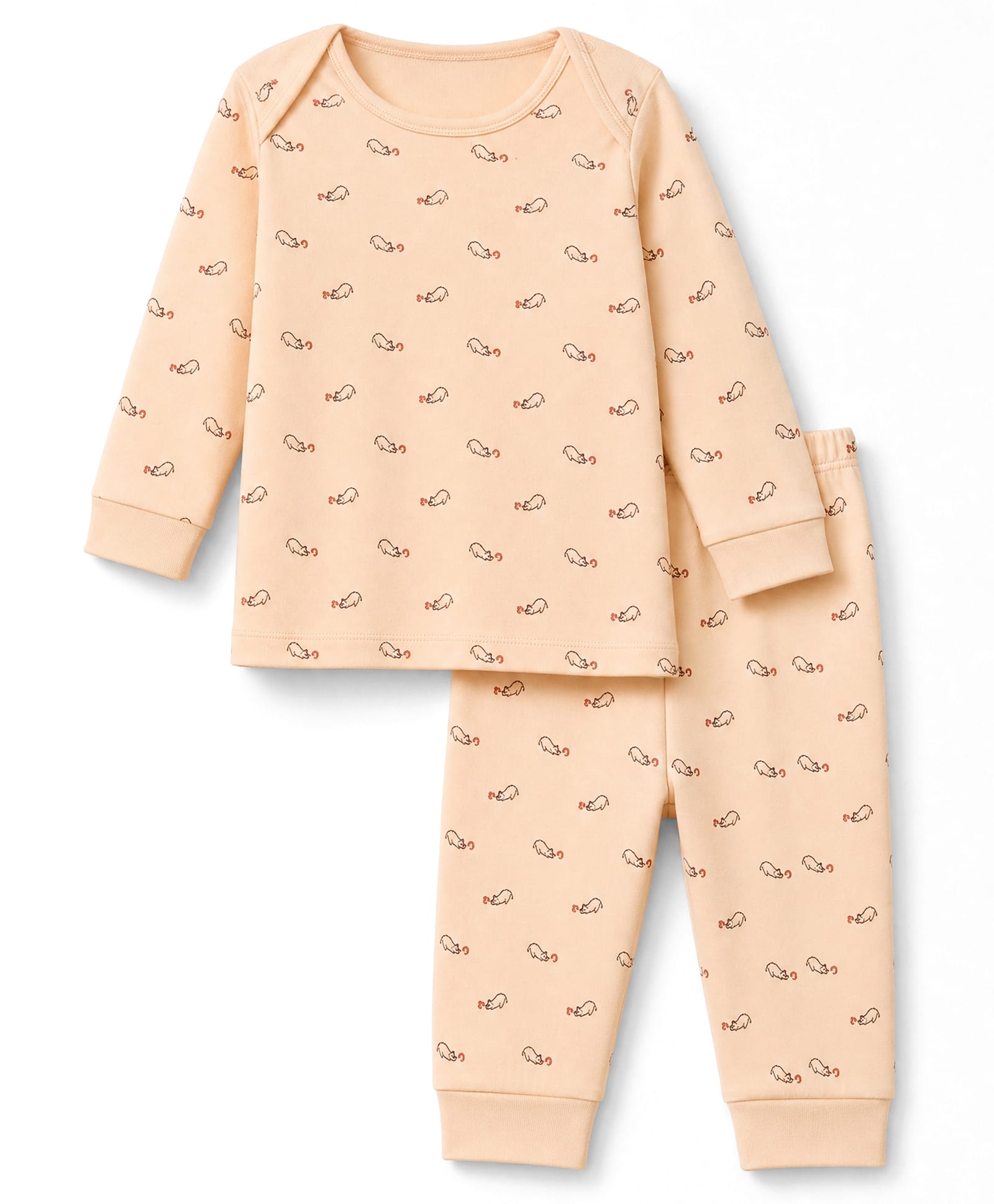 Tango Interlock Knit Full Sleeves Co-Ords T-Shirt & Pyjama Night Suit with Cat Print - Peach-picture-6