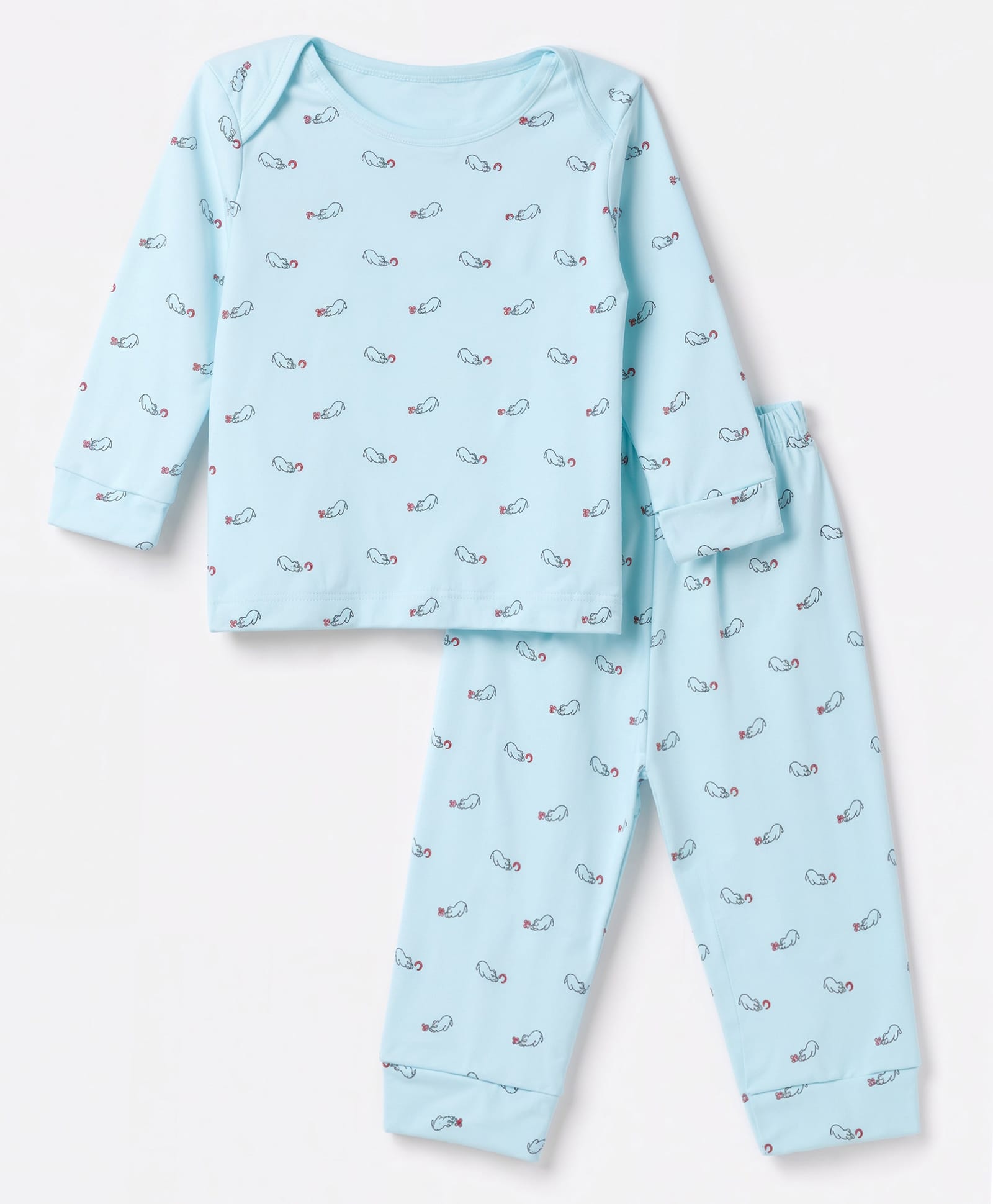 Tango Interlock Knit Full Sleeves Co-Ords T-Shirt & Pyjama Night Suit with Cat Print - Sky Blue-picture-47