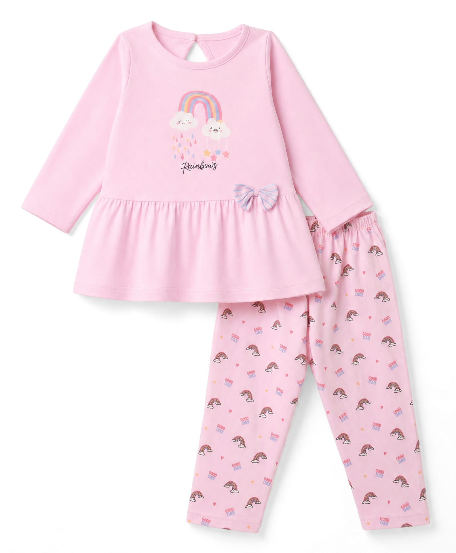 Tango Interlock Knit Full Sleeves Frock and Legging with Rainbow Print & Bow Applique - Pink-picture-29
