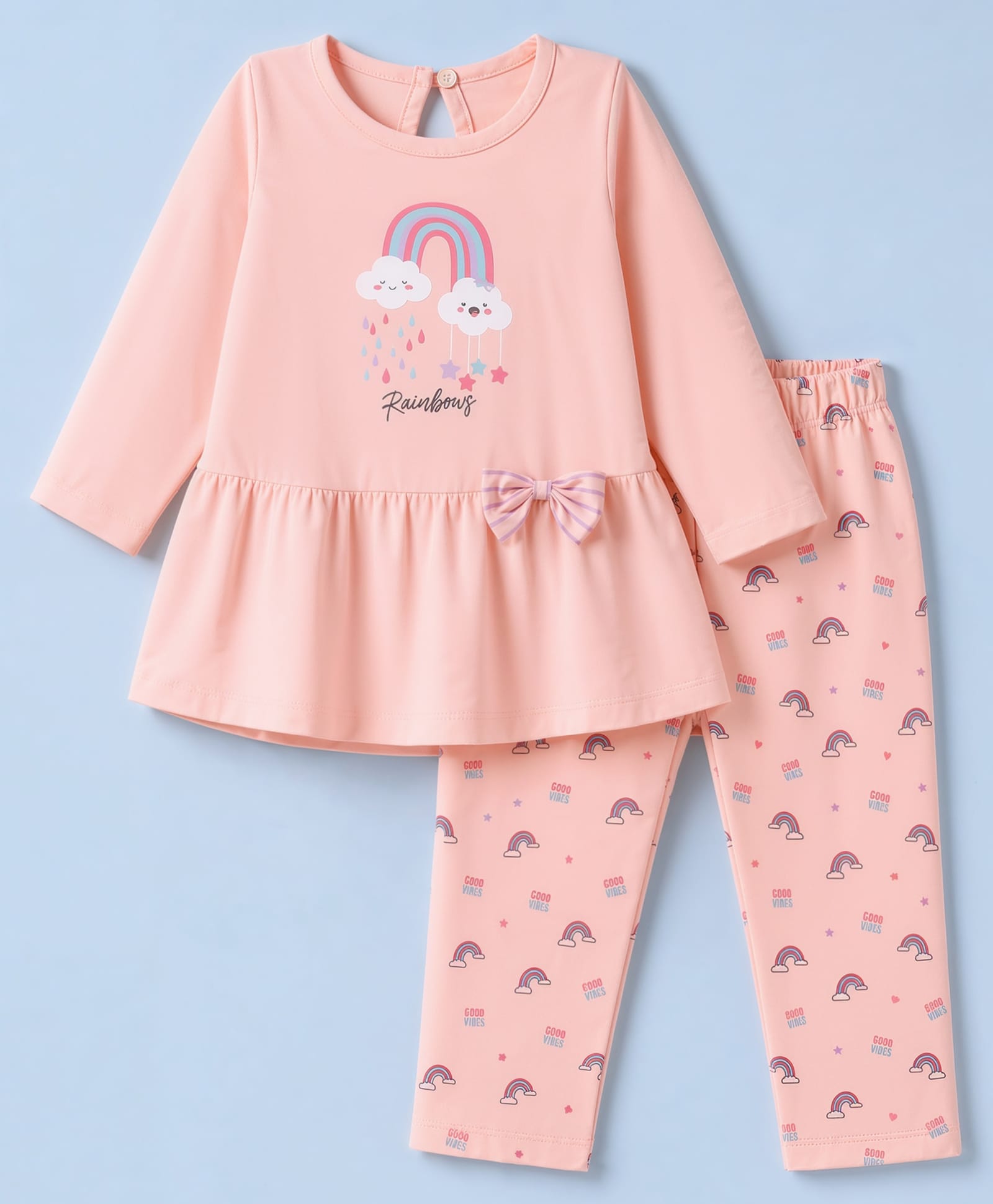 Tango Interlock Knit Full Sleeves Frock and Legging with Rainbow Print & Bow Applique - Peach-picture-37