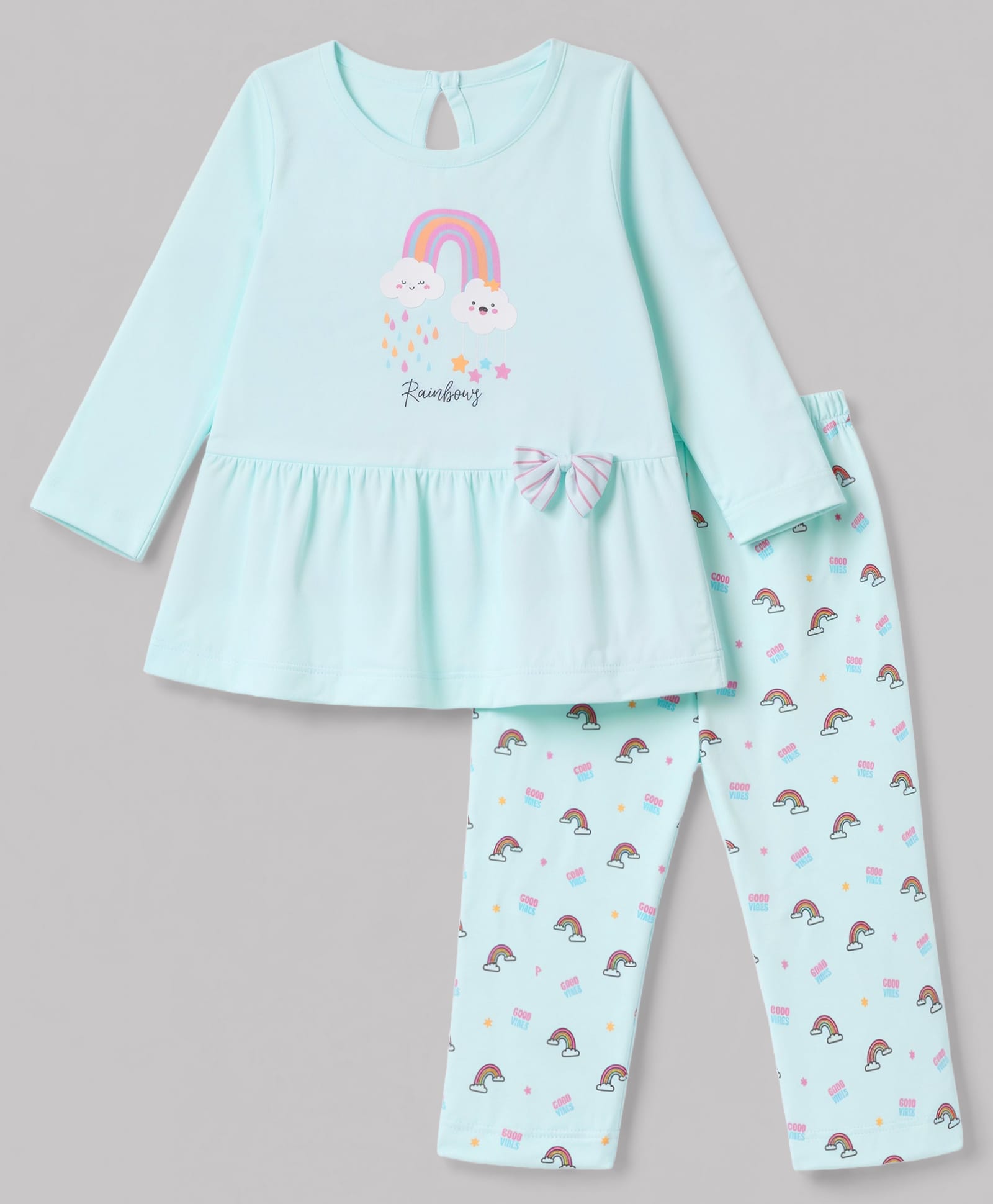 Tango Interlock Knit Full Sleeves Frock and Legging with Swan Print & Bow Applique - Aqua-picture-24