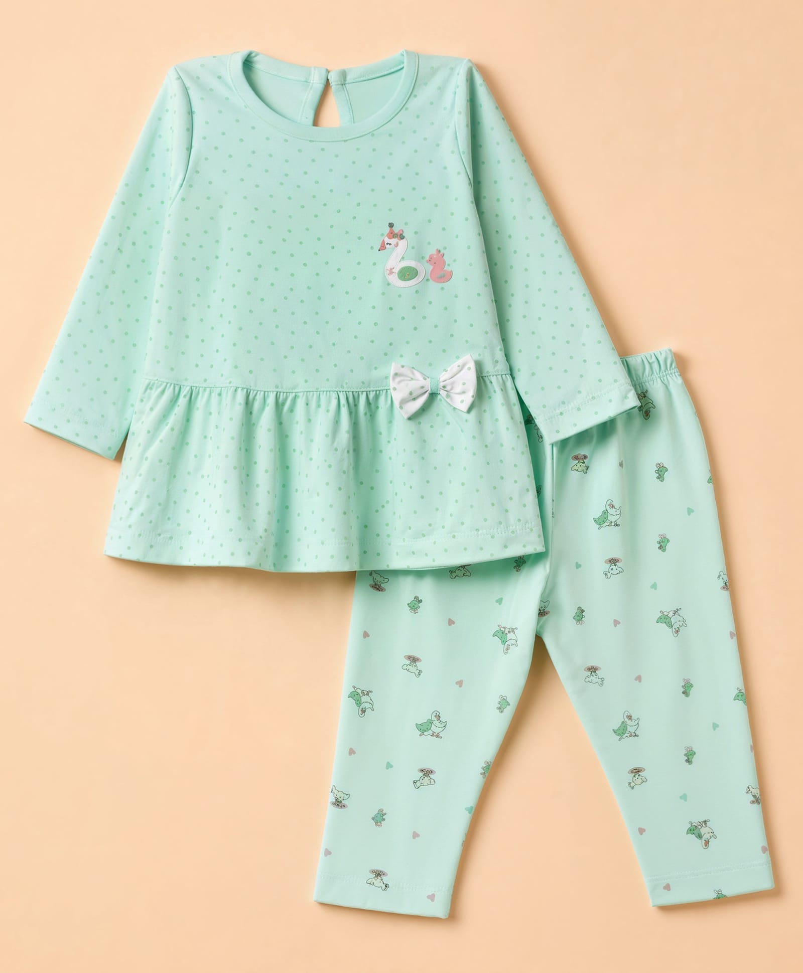 Tango Interlock Knit Full Sleeves Frock and Legging with Swan Print & Bow Applique - Green-picture-6