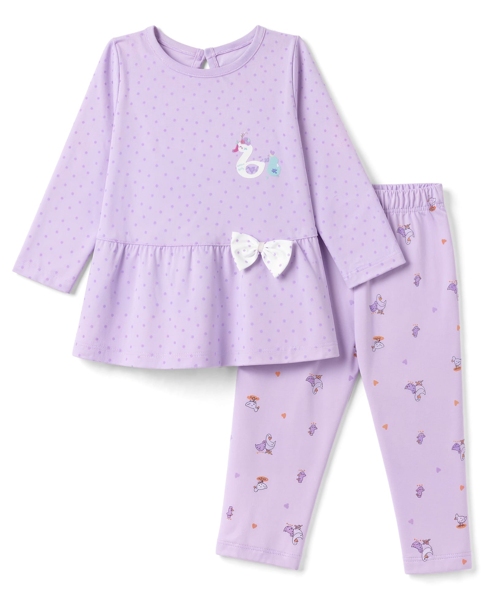 Tango Interlock Knit Full Sleeves Frock and Legging with Swan Print & Bow Applique - Mauve-picture-24