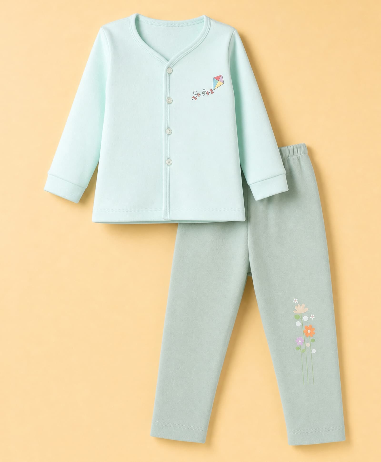 Tango Fleece Knit Solid Full Sleeves Jhablas With Kite Print - Light Green-image-2
