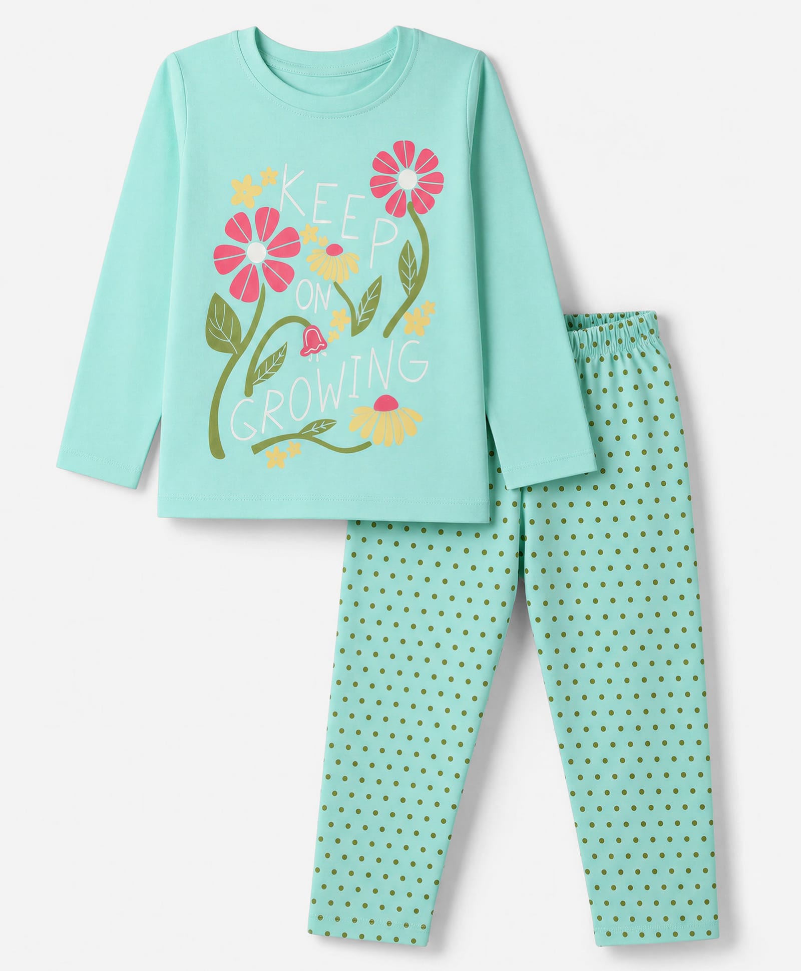 Tango Single Jersey Knit Full Sleeves T-shirt and Pant Set With Floral Print - Light Green-picture-7