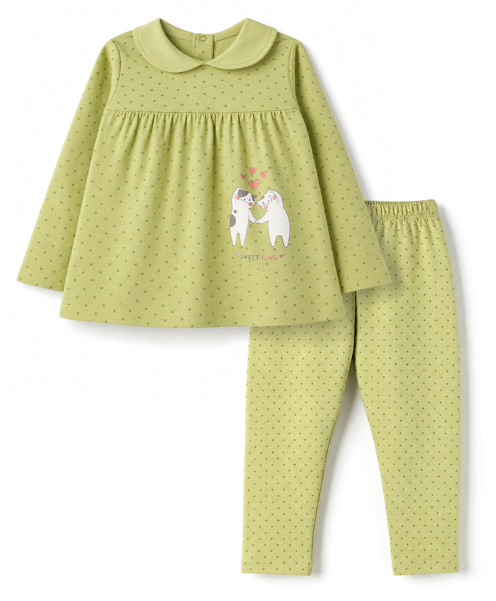 Tango Single Jersey Knit Full Sleeves Top & Pyjama Night Suit with Cat Print - Green-picture-46