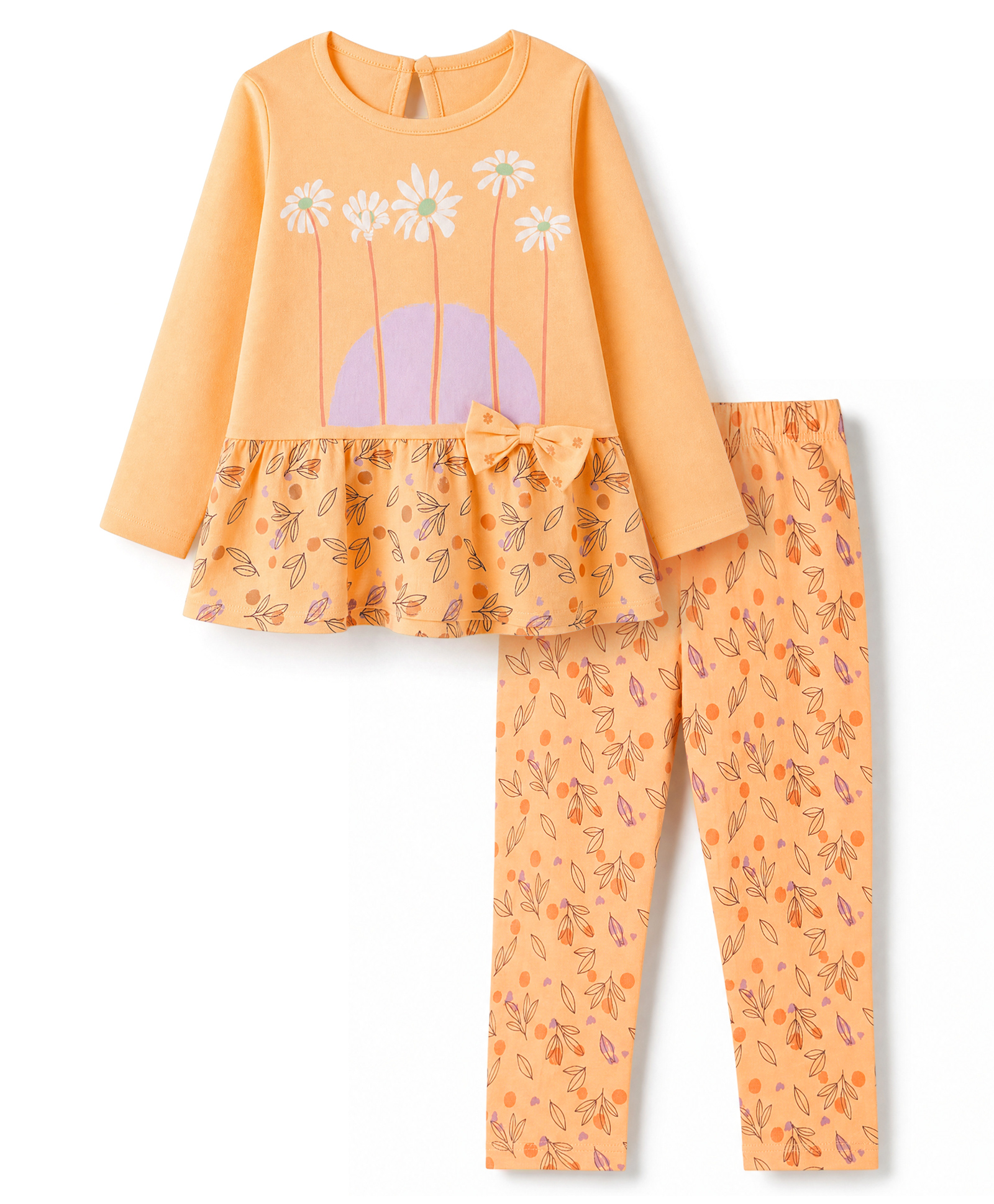 Tango Interlock Knit Full Sleeves Frock and Legging with Floral Print & Bow Applique - Peach-image-10