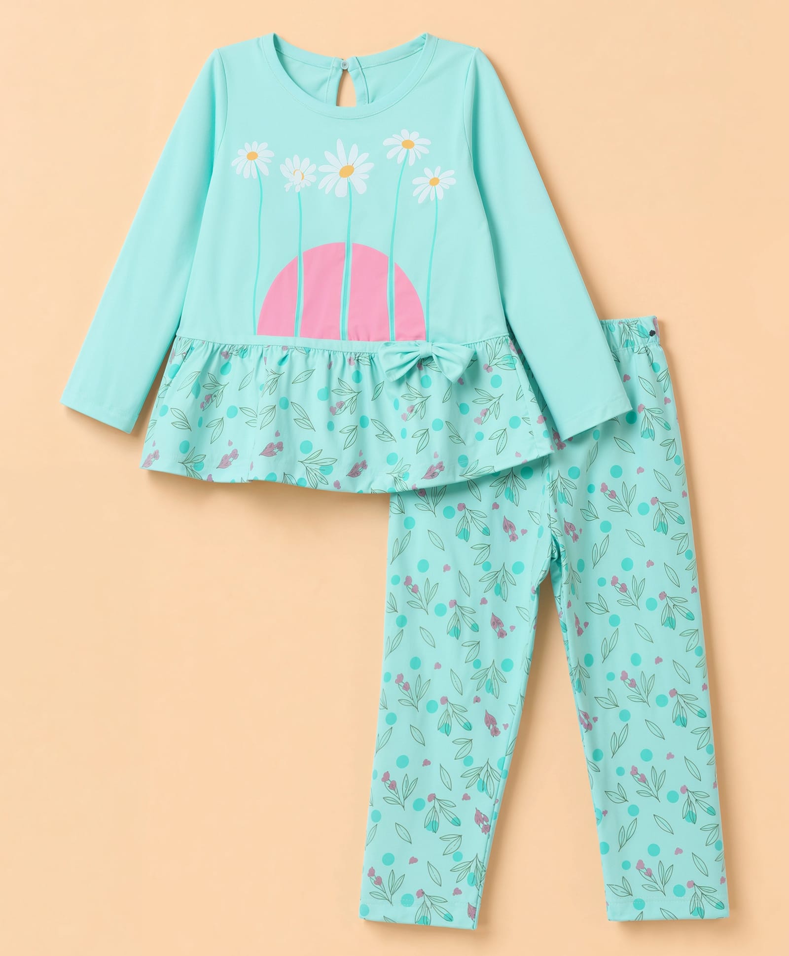 Tango Interlock Knit Full Sleeves Frock and Legging with Floral Print & Bow Applique - Aqua-picture-46