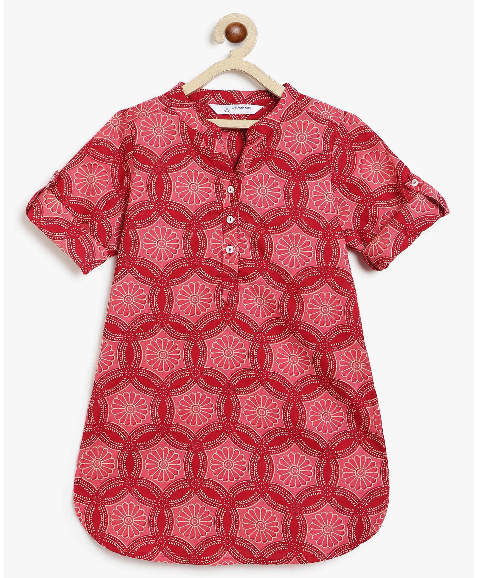 Campana 100% Cotton Woven Three Fourth Sleeves Floral Printed Kurti - Maroon & Pink-picture-6