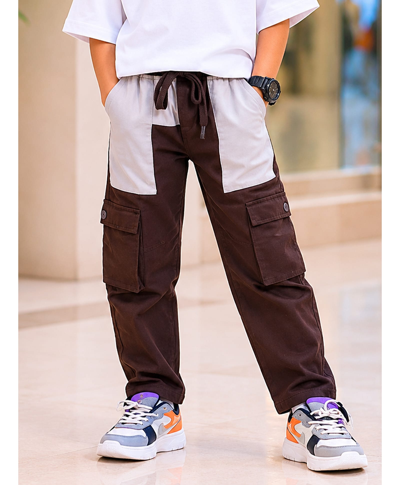 Kiddopanti Cotton Woven Pocket Patch Detailed Cargo Pants - Brown & Beige-picture-11