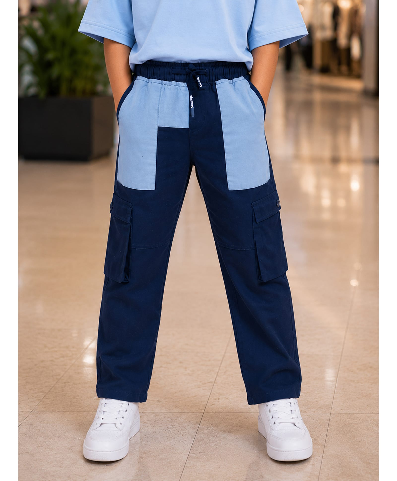 Kiddopanti Cotton Woven Pocket Patch Detailed Cargo Pants - Navy Blue & Light Blue-picture-19