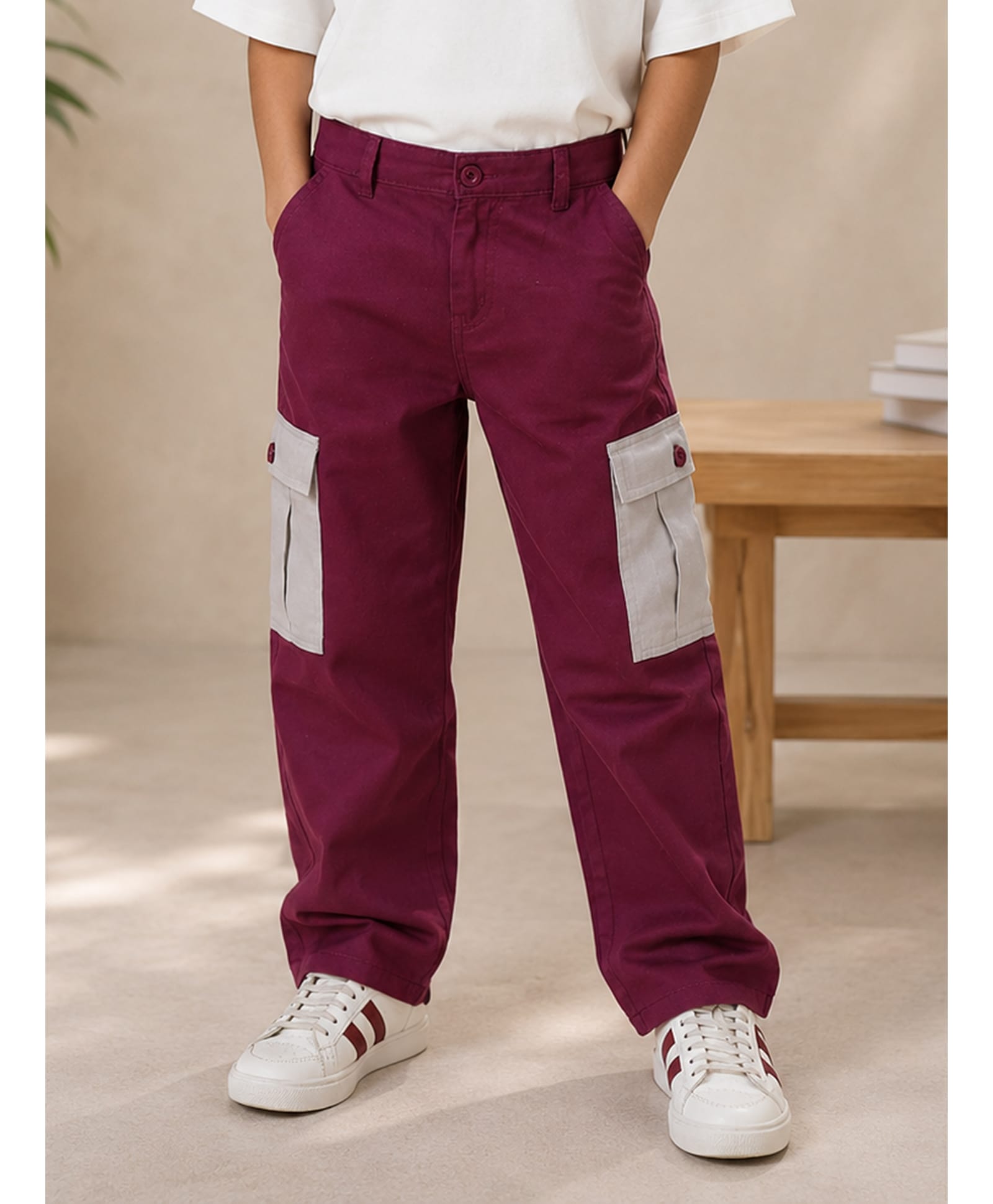 Kiddopanti Cotton Woven Pocket Patch Detailed Cargo Pants - Maroon & Beige-picture-10