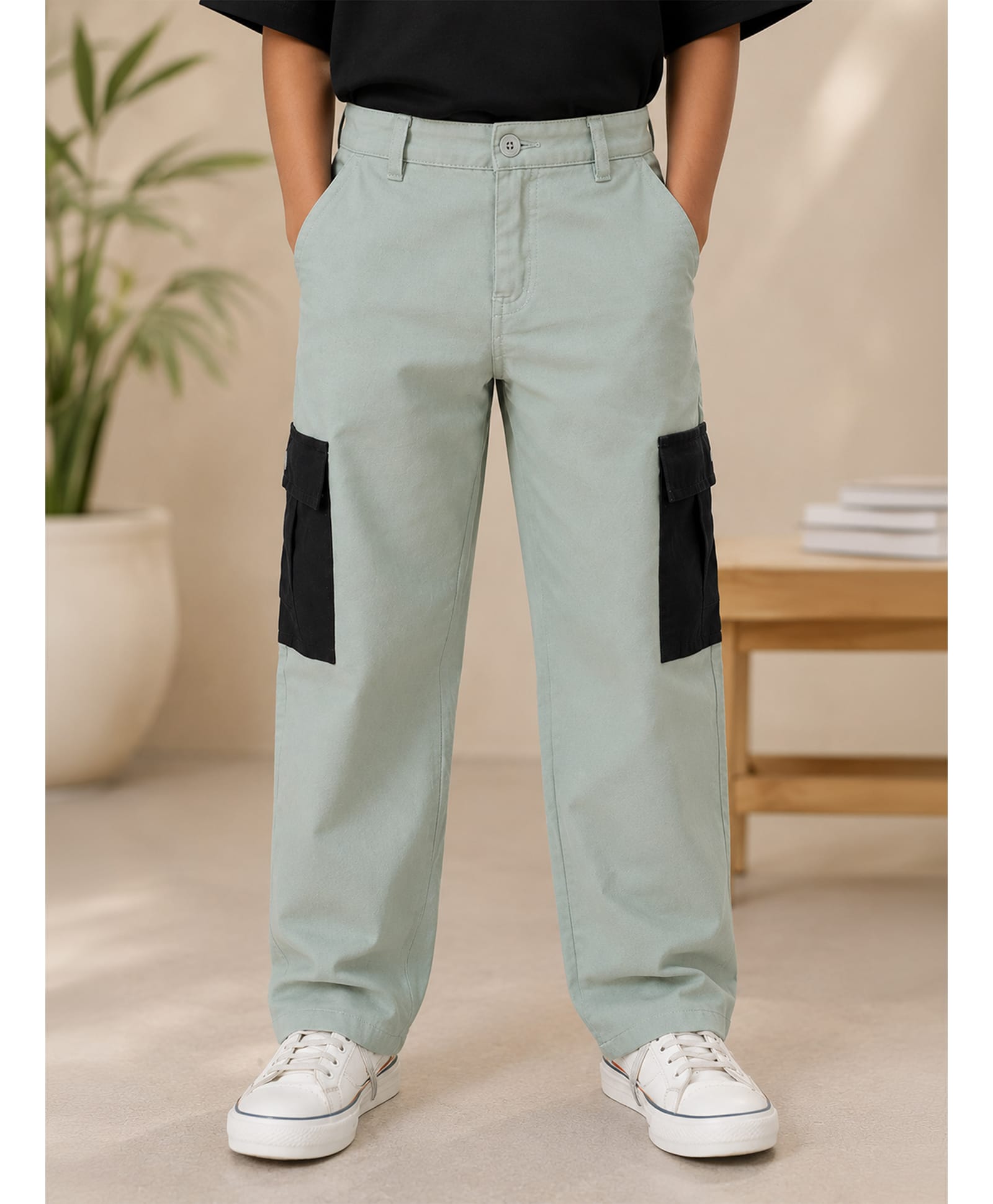 Kiddopanti Cotton Woven Pocket Patch Detailed Cargo Pants - Light Green & Black-picture-16