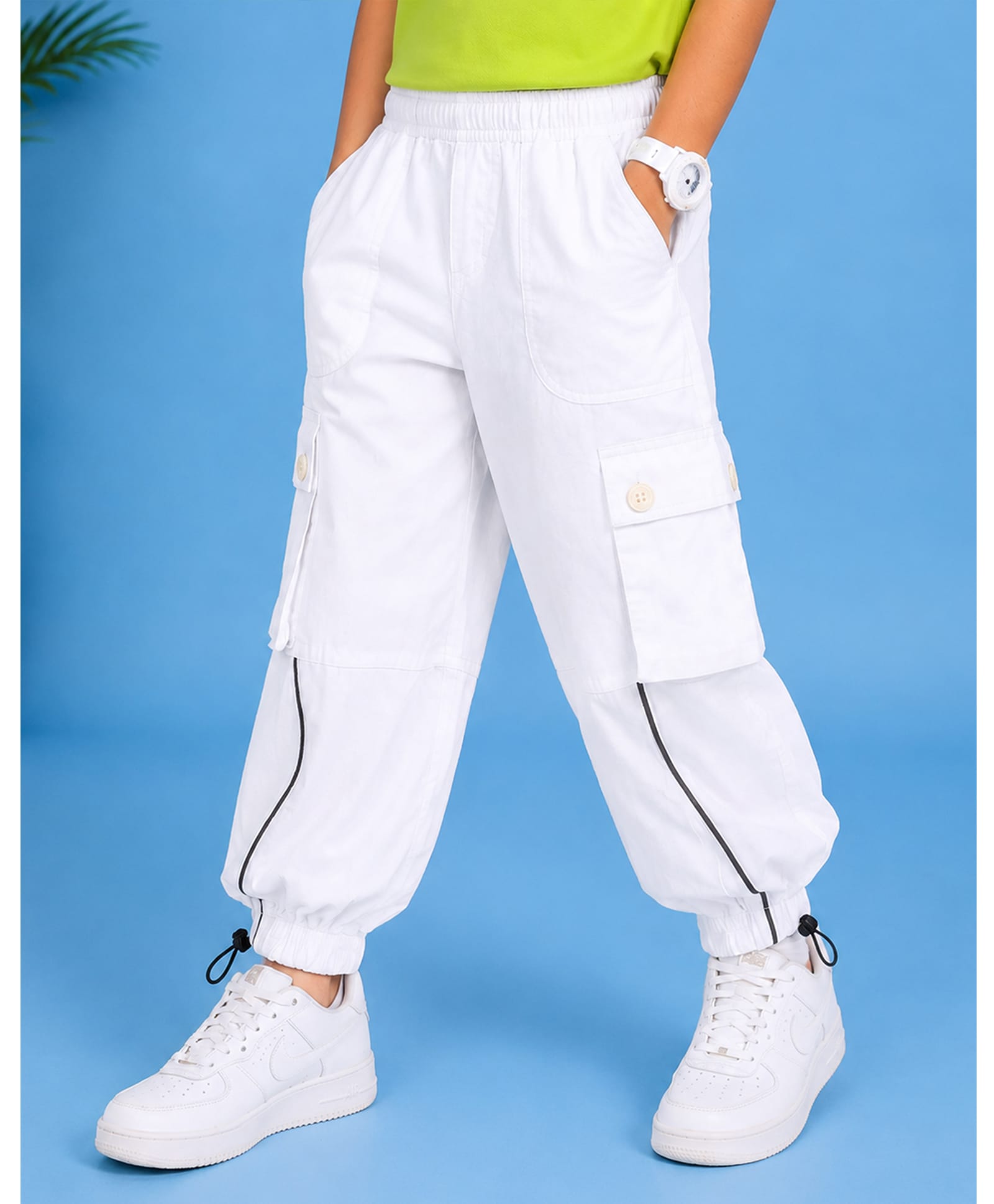 Kiddopanti Cotton Knit Solid Cargo Pants - White-picture-36