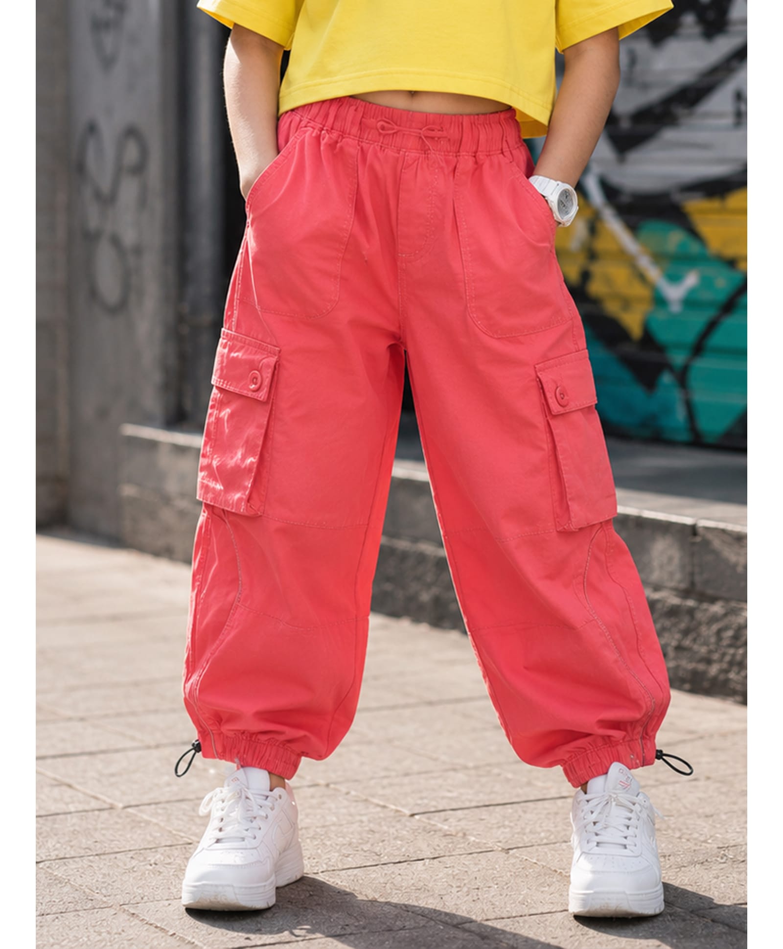 Kiddopanti Cotton Knit Solid Cargo Pants - Coral-picture-26