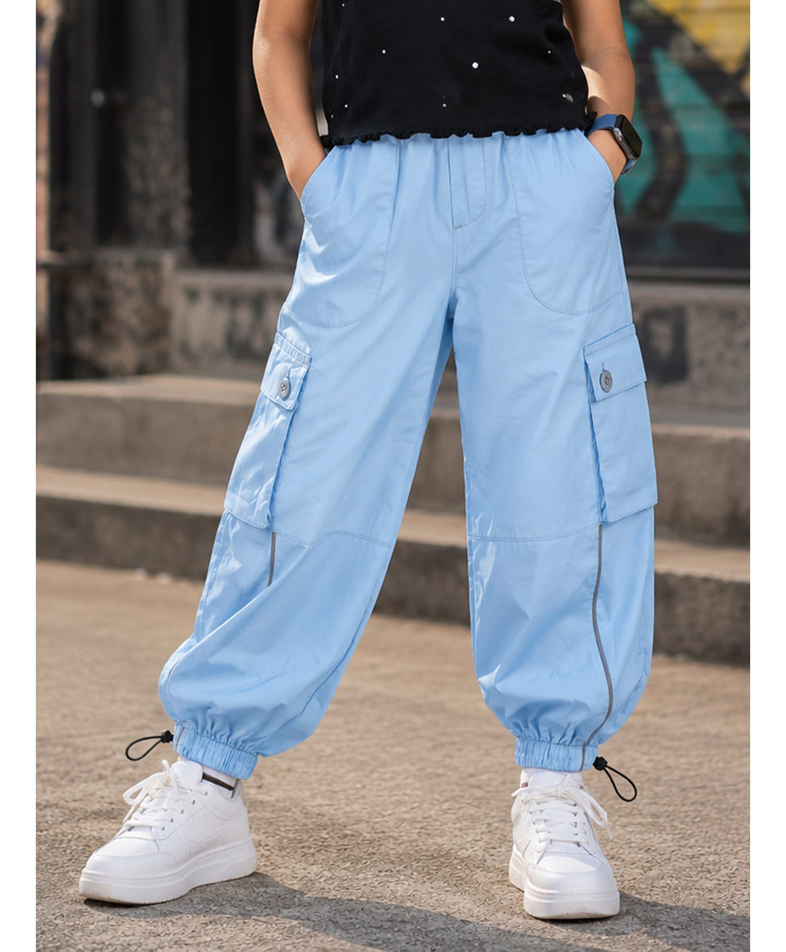 Kiddopanti Cotton Knit Solid Cargo Pants - Light Blue-picture-31