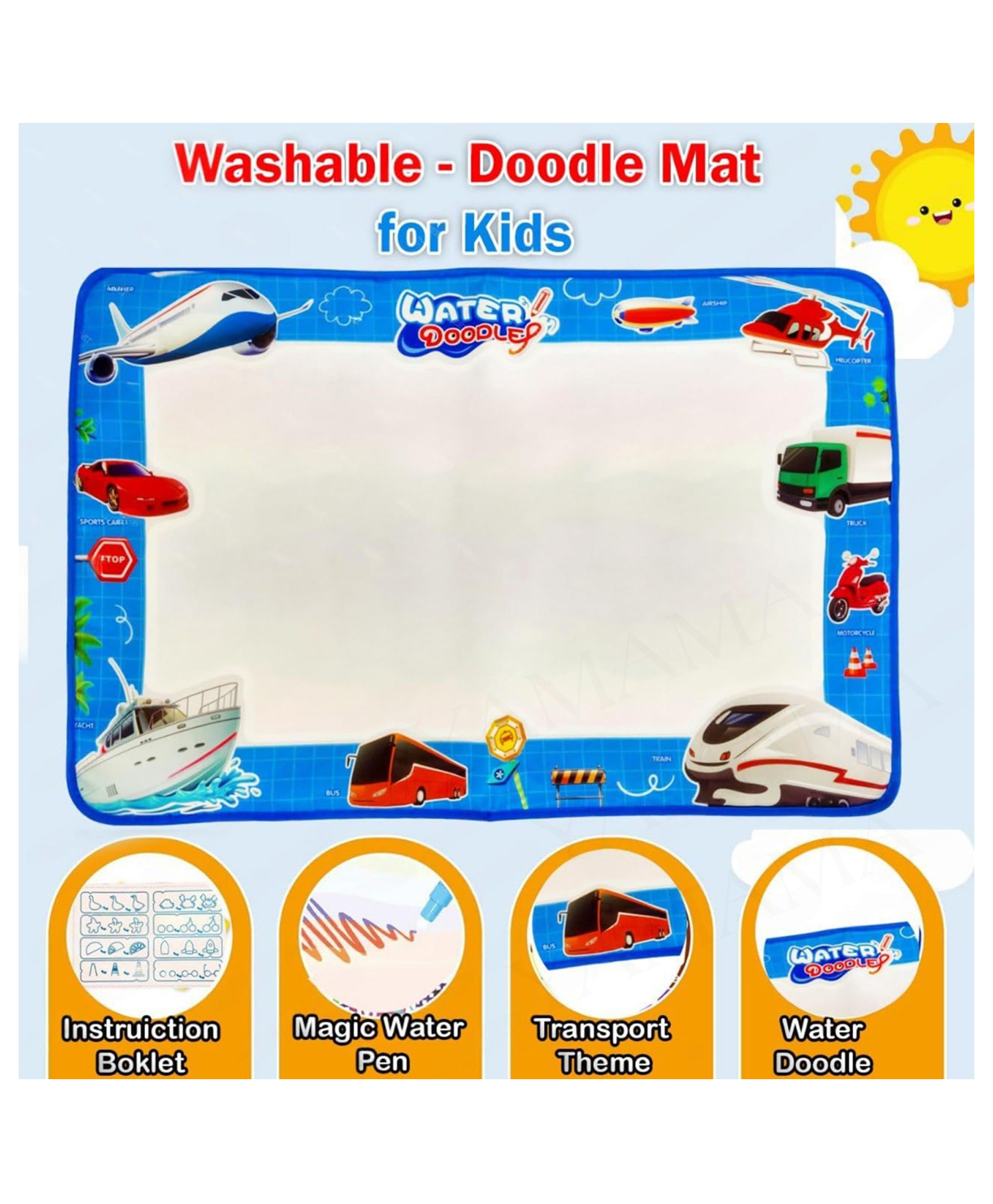 YAMAMA Magical Water Doodle Mat | Magic Coloring Mat for Kids | Reusable Water Doodle Mat | Washable Aqua Drawing Mat | DIY Educational Coloring Sheet for Toddlers | Mess-Free Art Toy - Blue-image-22