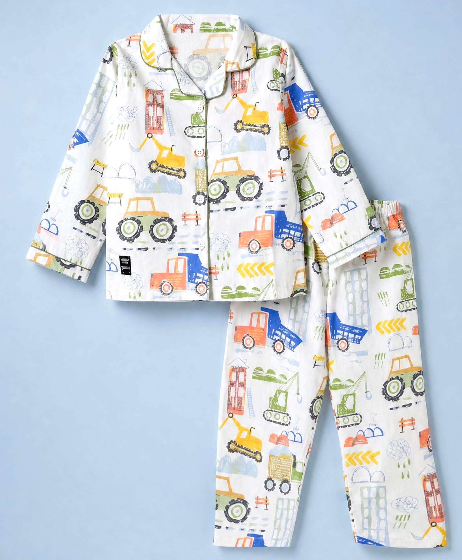 Enfance Core Cotton Woven Full Sleeves Co-Ords Shirt & Pyjama Night Suit with Construction Vehicle Print - Green-picture-12