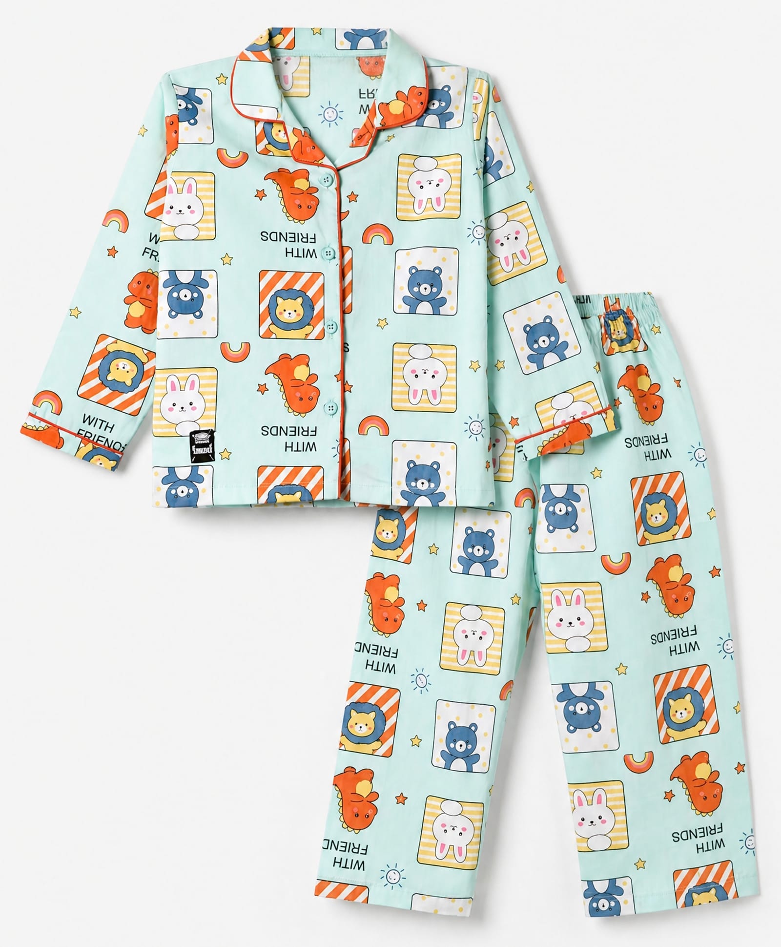 Enfance Core Cotton Woven Full Sleeves Co-Ords Shirt & Pyjama Night Suit with Animal Print - Sea Green-picture-49