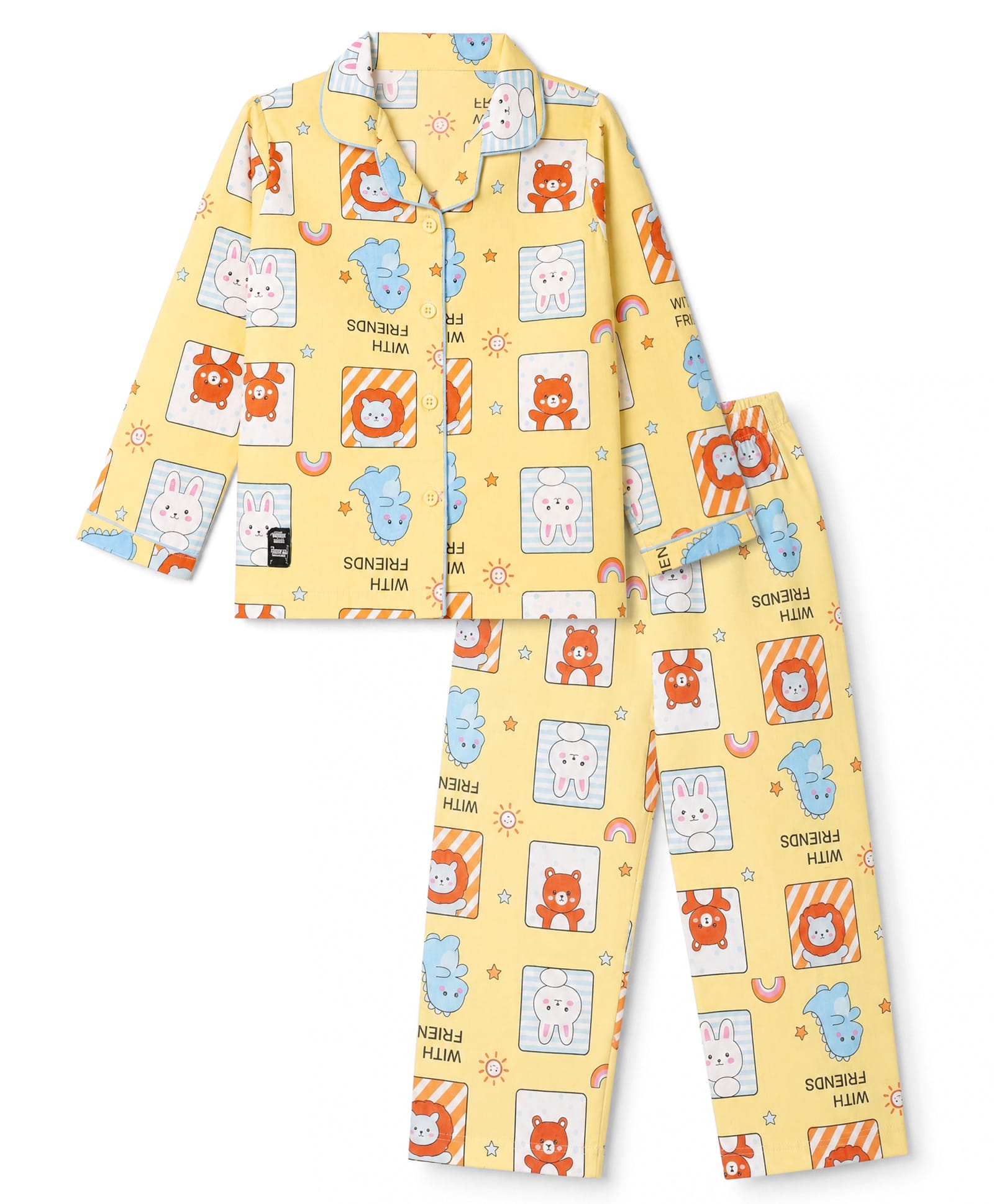 Enfance Core Cotton Woven Full Sleeves Co-Ords Shirt & Pyjama Night Suit with Animal Print - Yellow-picture-32