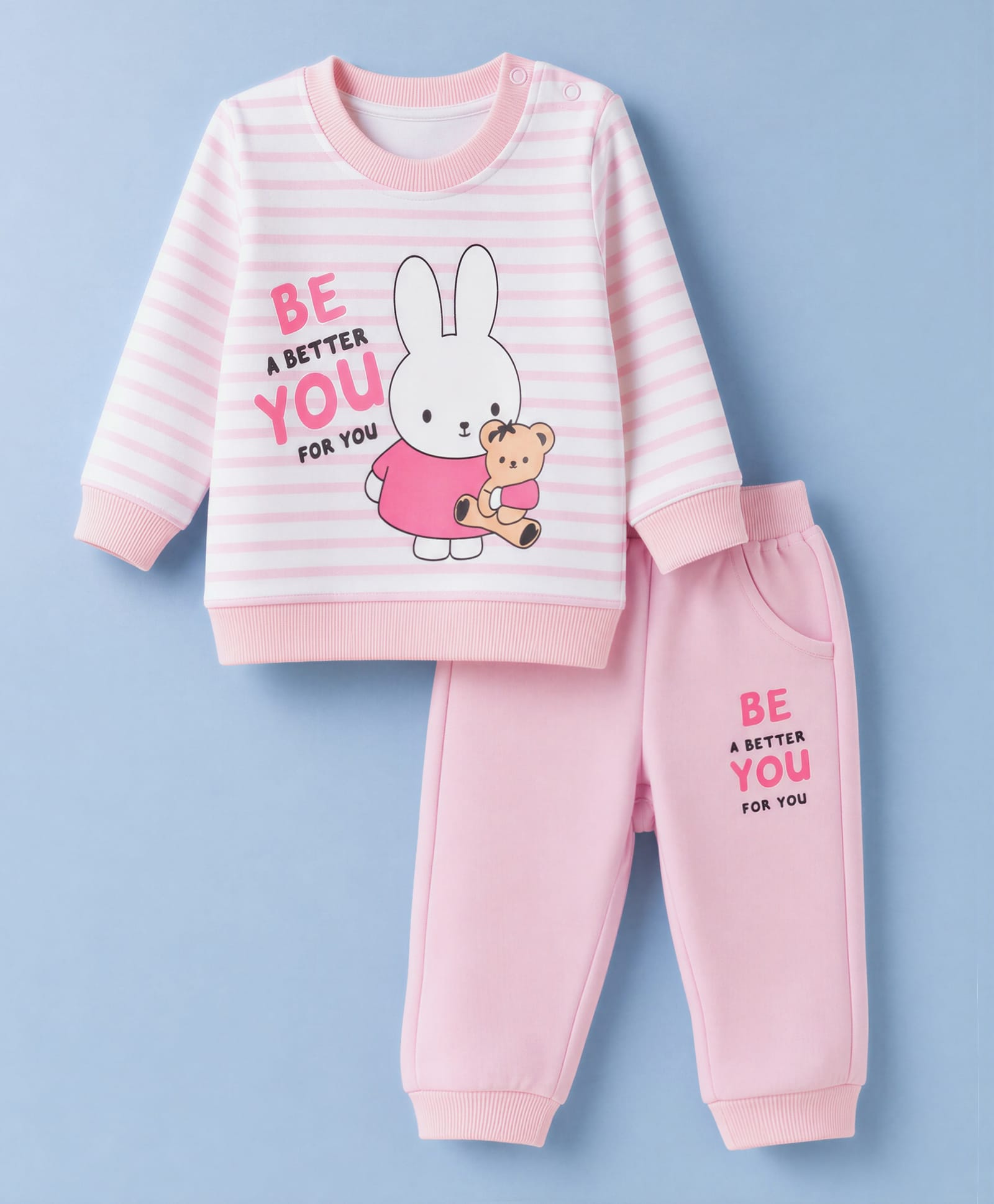 Doodle Poodle 100% Cotton Looper Terry Knit Full Sleeves Striped & Bunny Printed Sweatshirt & Lounge Pant Set - Pink & White-picture-18
